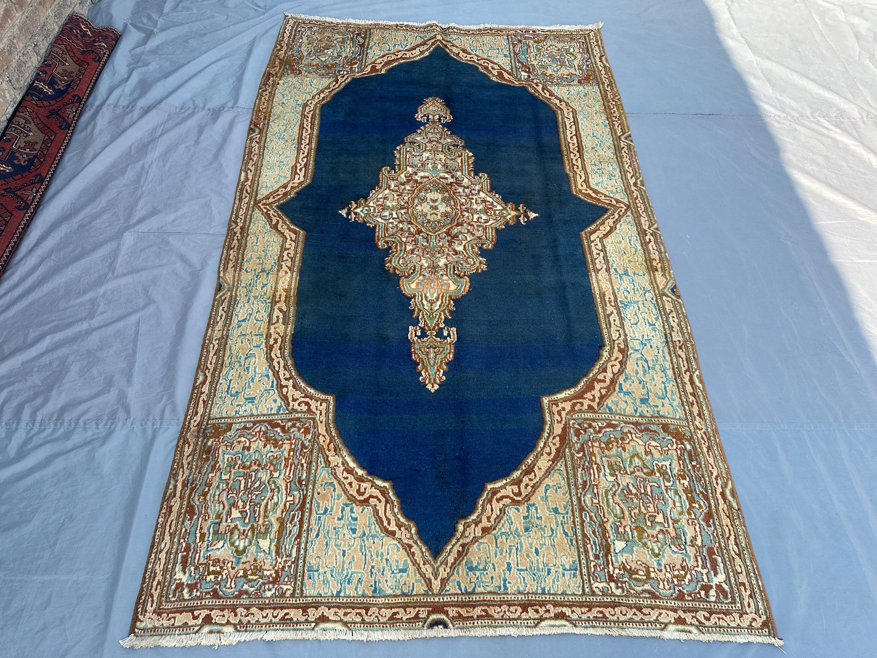 Antique Turkmen Tribal Rug 5x9 Hand-Knotted Wool Carpet | Caucasian Style Navy Blue Rug | Vintage Turkish Desi