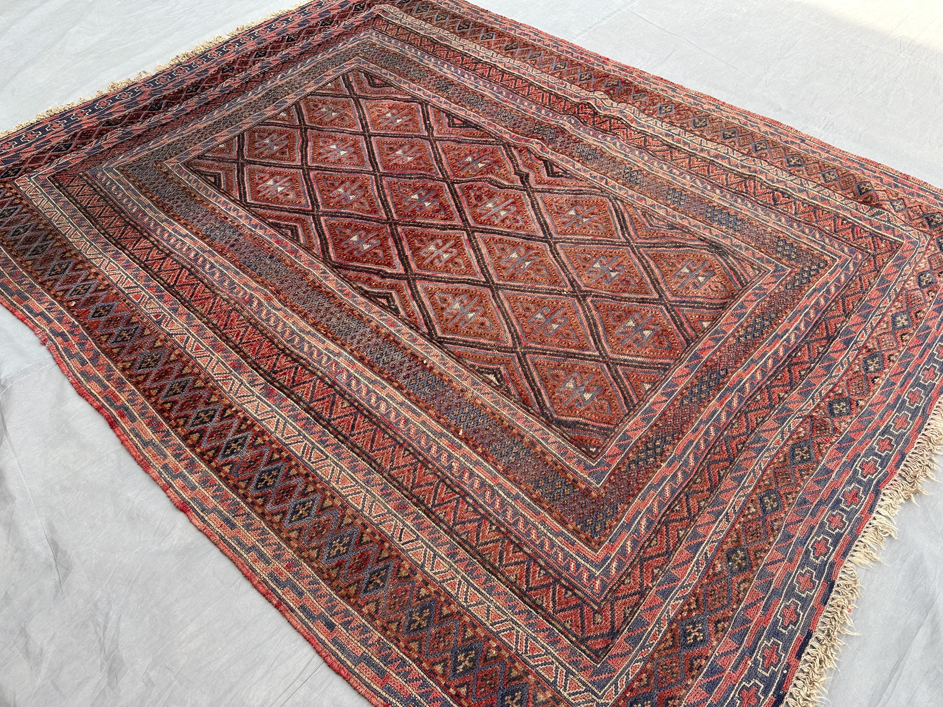 4'10x6'5 ft Antique Afghan Baluch Tribal Rug, Wool Vintage Kilim Rug Geometric Pattern, Handmade Carpet, Bedroom Rug, Home Decor, Table Rug