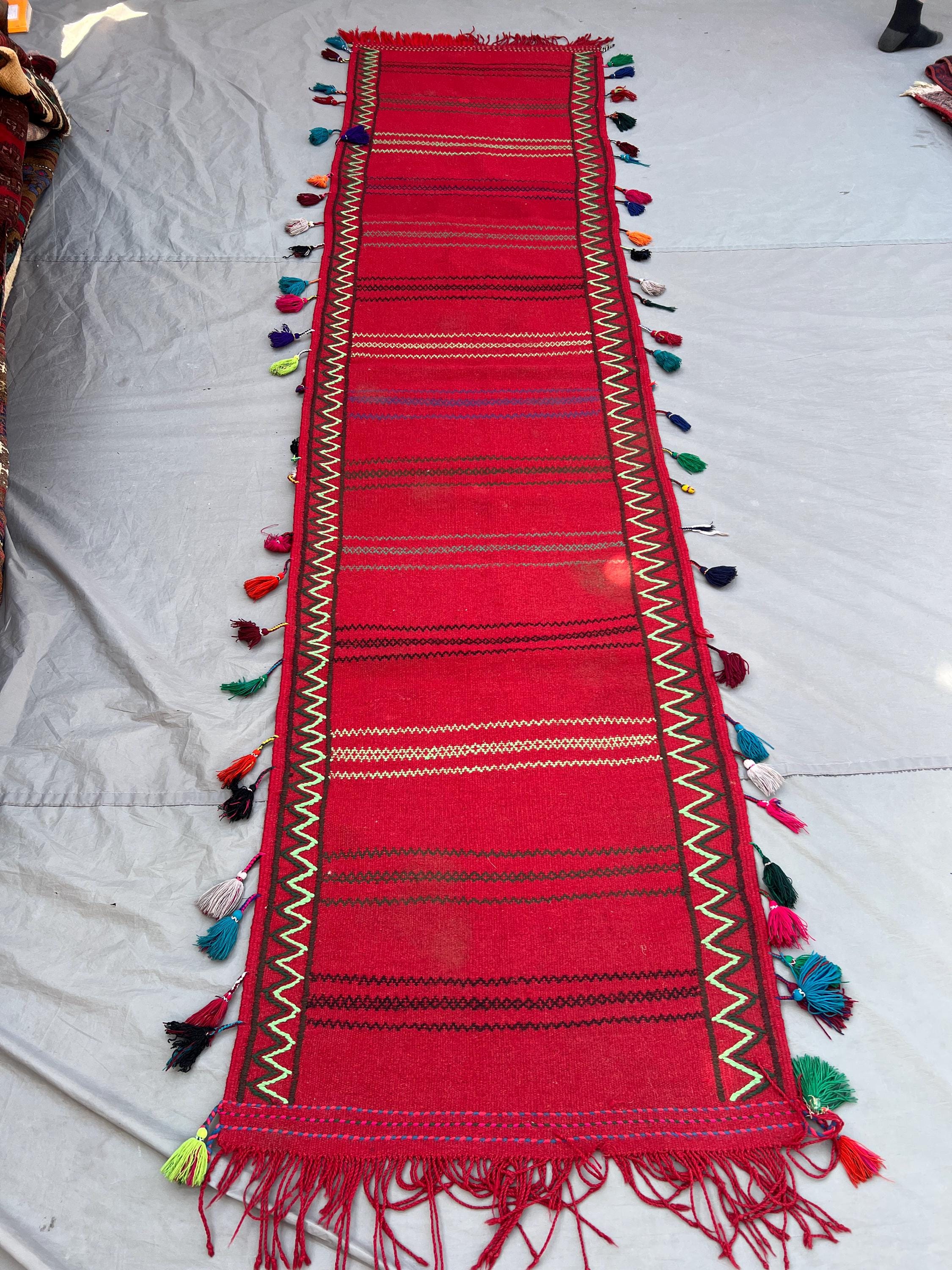 2'5x10 ft Vintage Afghan Kilim Rug, Handwoven Wool, Red Base with Colorful Tassels, Flat Weave, Ideal for Hallway, Living Room