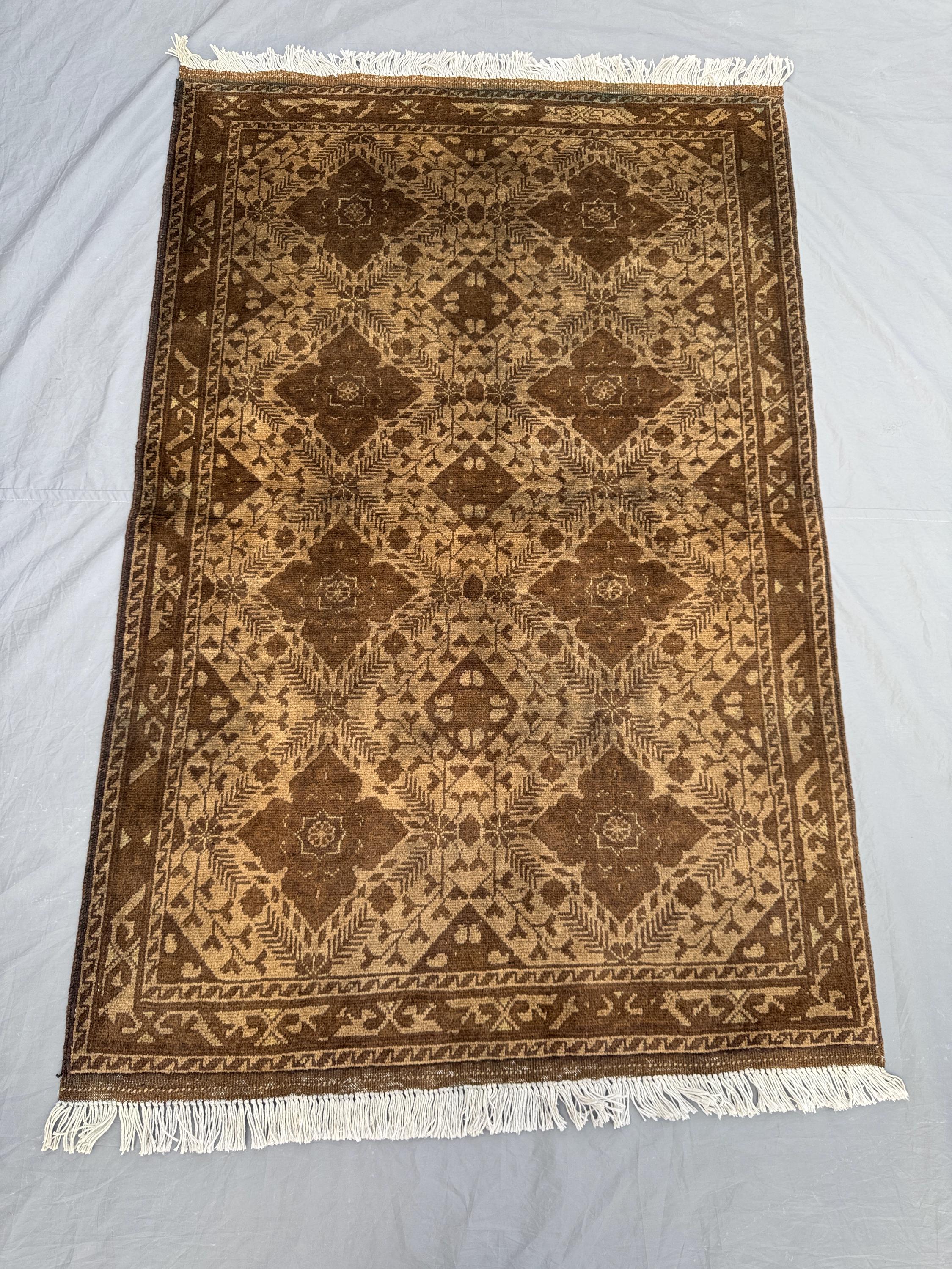 3.4 x 5.1 ft Afghan Hand Knotted Vintage Soft Pile Terracotta Faded Small Area Rug – One of a Kind Antique Turkoman Ersari Tribal rug