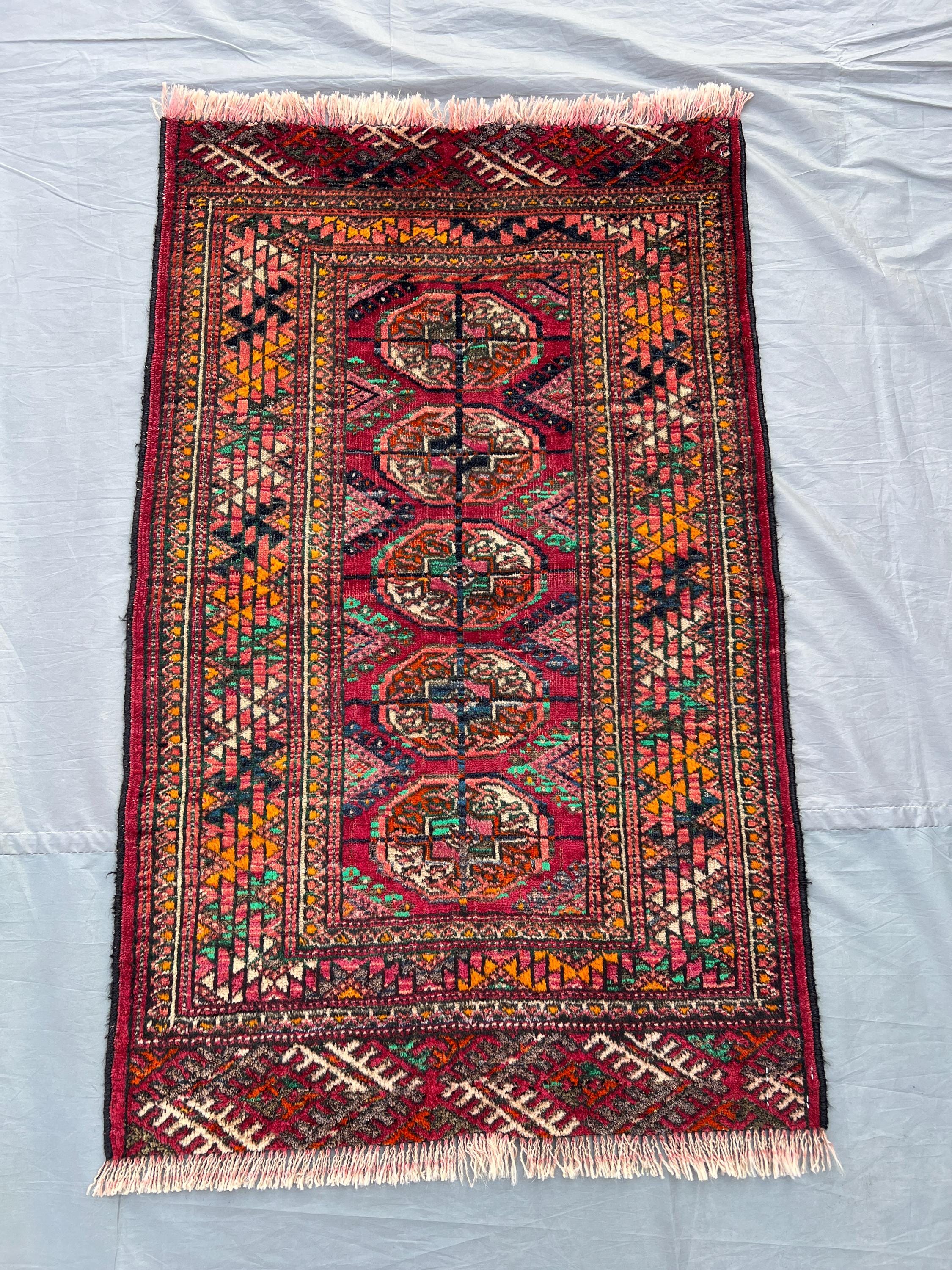 2x3 ft Antique Turkmen Ersari Rug Tribal Handmade Wool Carpet Tekke Design Vibrant Colors Small Afghan Accent Rug Unique Vintage Piece