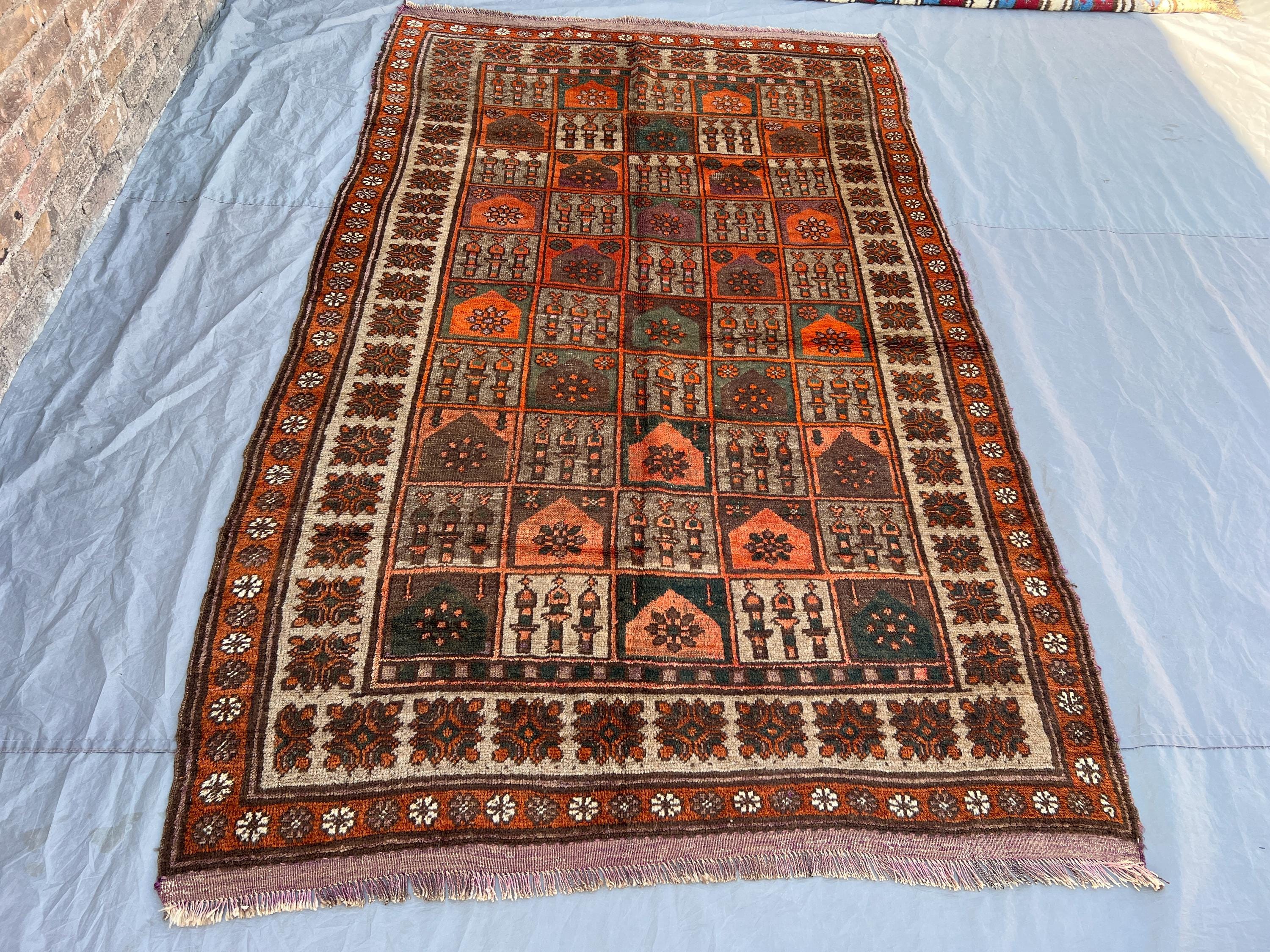 5'4x8'6 ft Vintage Afghan Wool Rug, Handmade Knotted Area Rug, Tribal Garden Design Carpet, Brown Orange Rug, Boho Living Room Decor