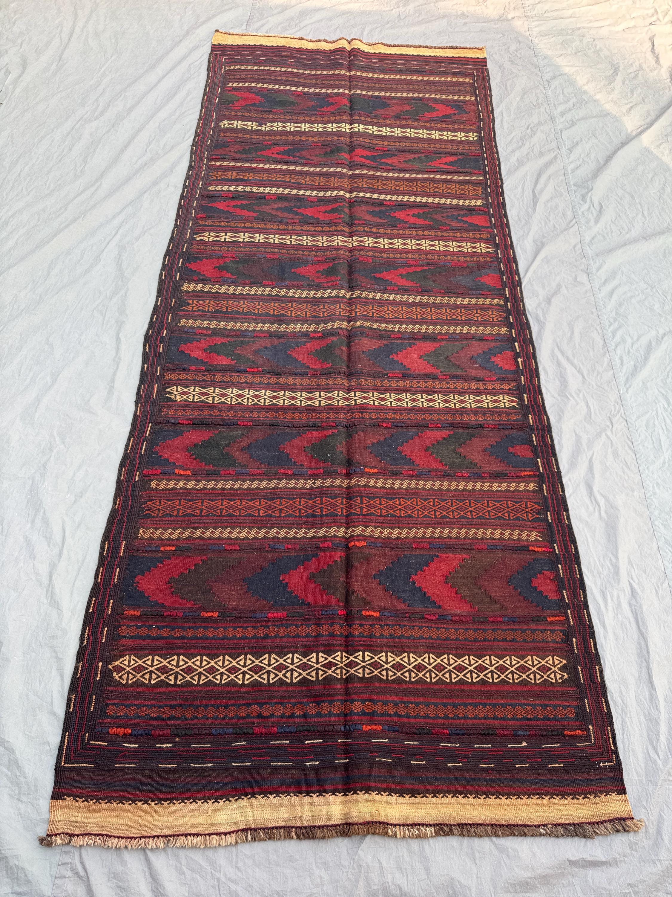 Antique Afghan Kilim Flat Weave No Pile Rug 4'4 x 10'9 ft Hand Knotted Wool Distressed Runner Hallway Entryway