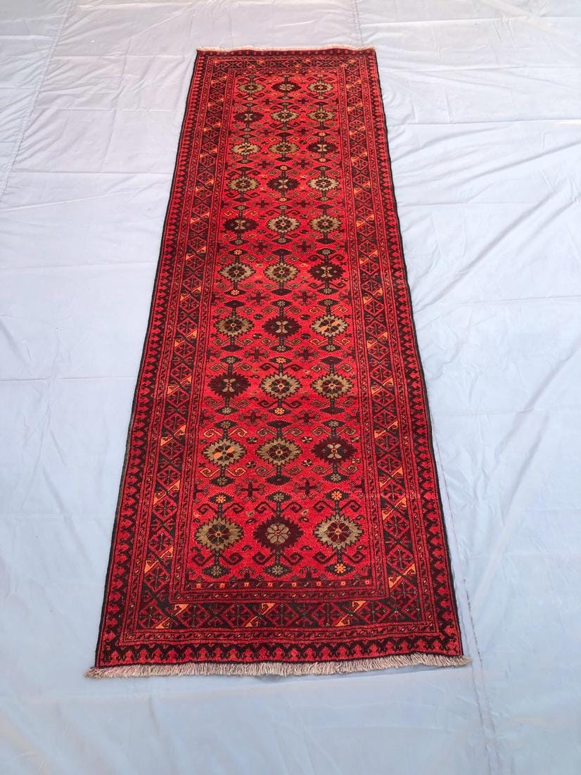 Afghani Vintage Runner Rug - 3x9 ft Handmade Wool Rug for Living Room, Hallway, Entryway, or Bedroom - Traditional Oriental Design