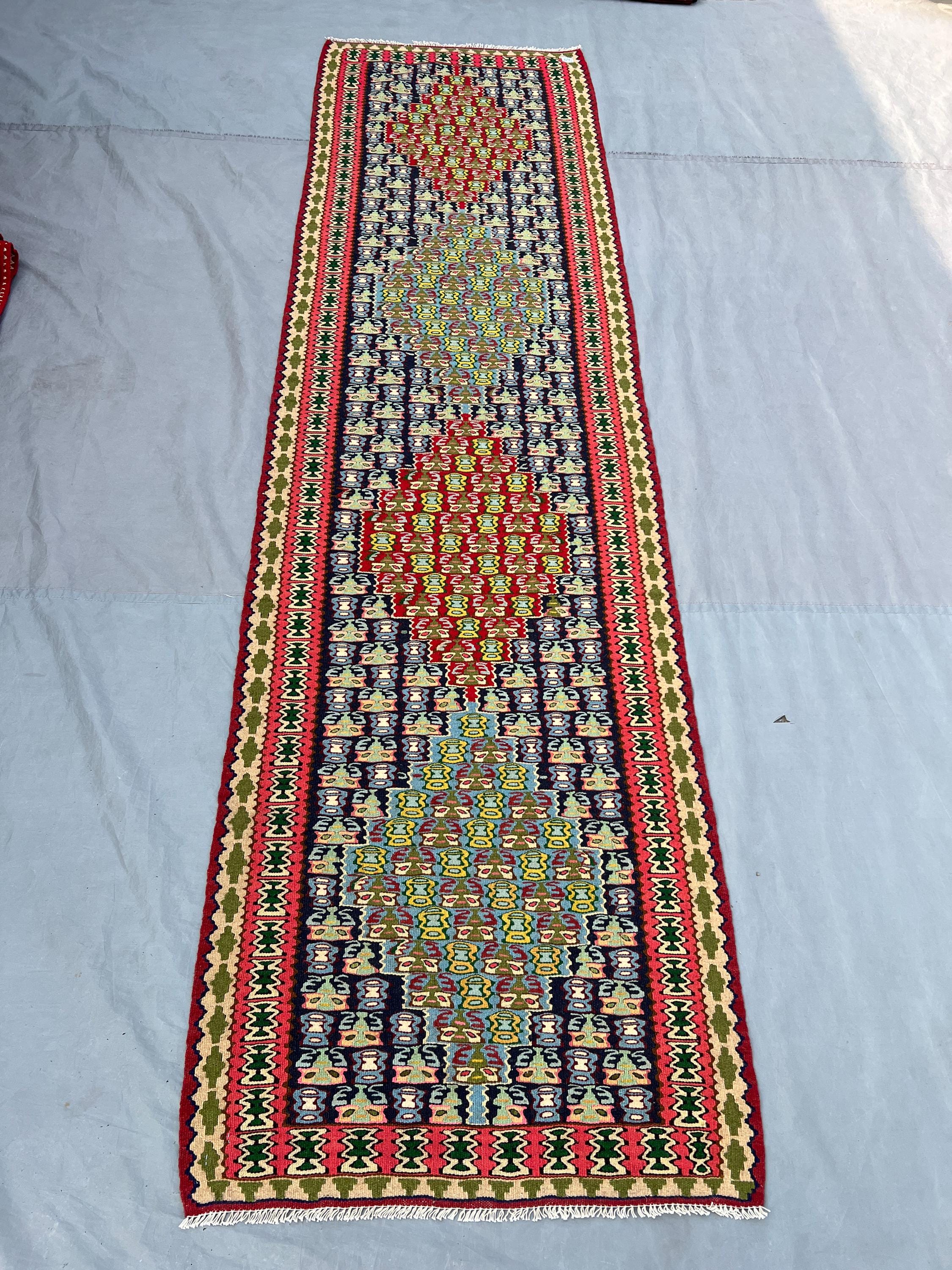 2'7x9'5 Vintage Afghan Kilim Runner | Flat Weave Wool Hallway Runner | Multicolor Tribal Geometric Kilim Runner | Bohemian Staircase Runner