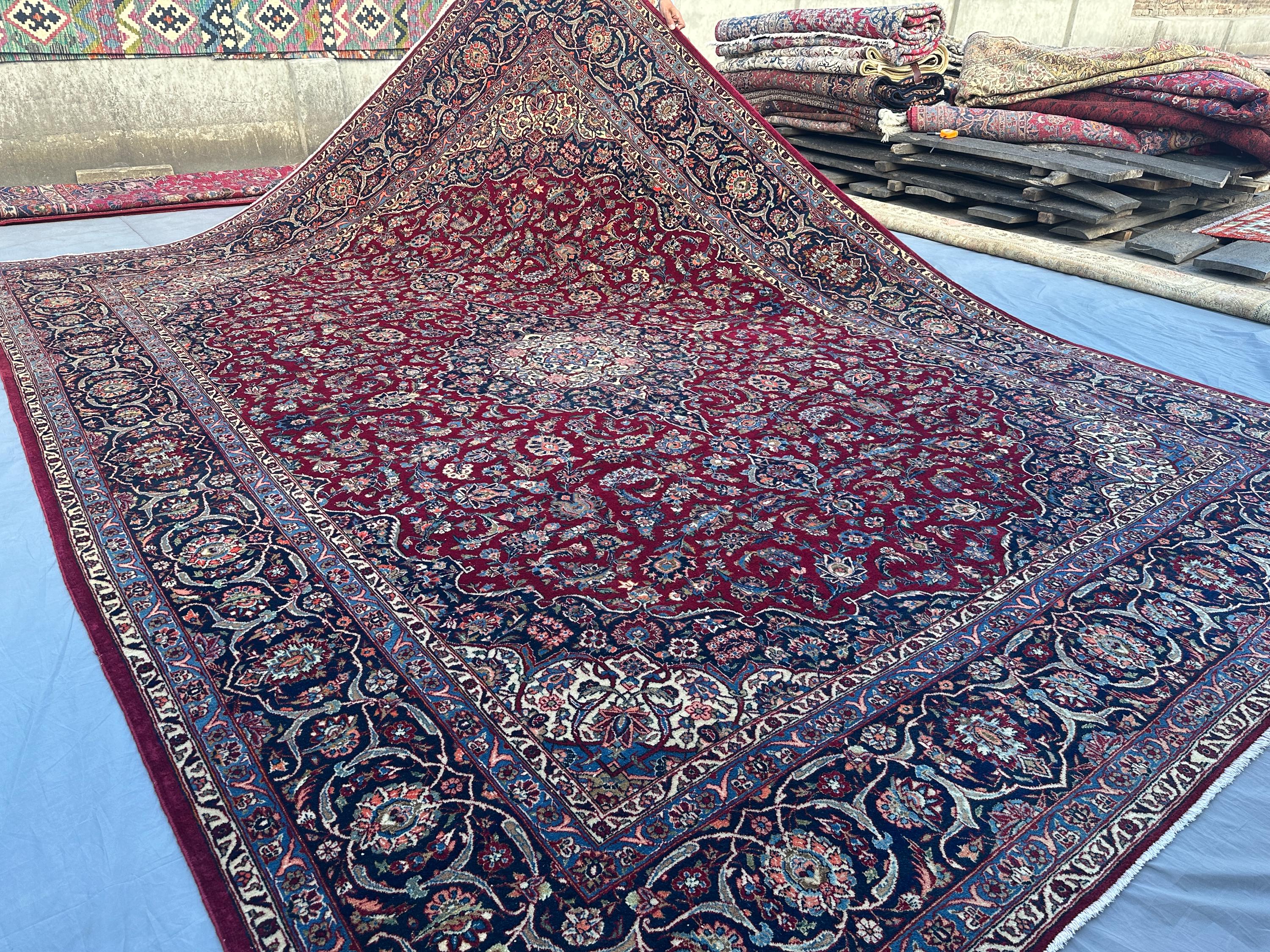 9x12 Antique Turkish Rug, Maroon Navy Wool Carpet | Hand Knotted Tribal Area Rug | Caucasian Style Wool Floor Decor | Grand Living Room Rug