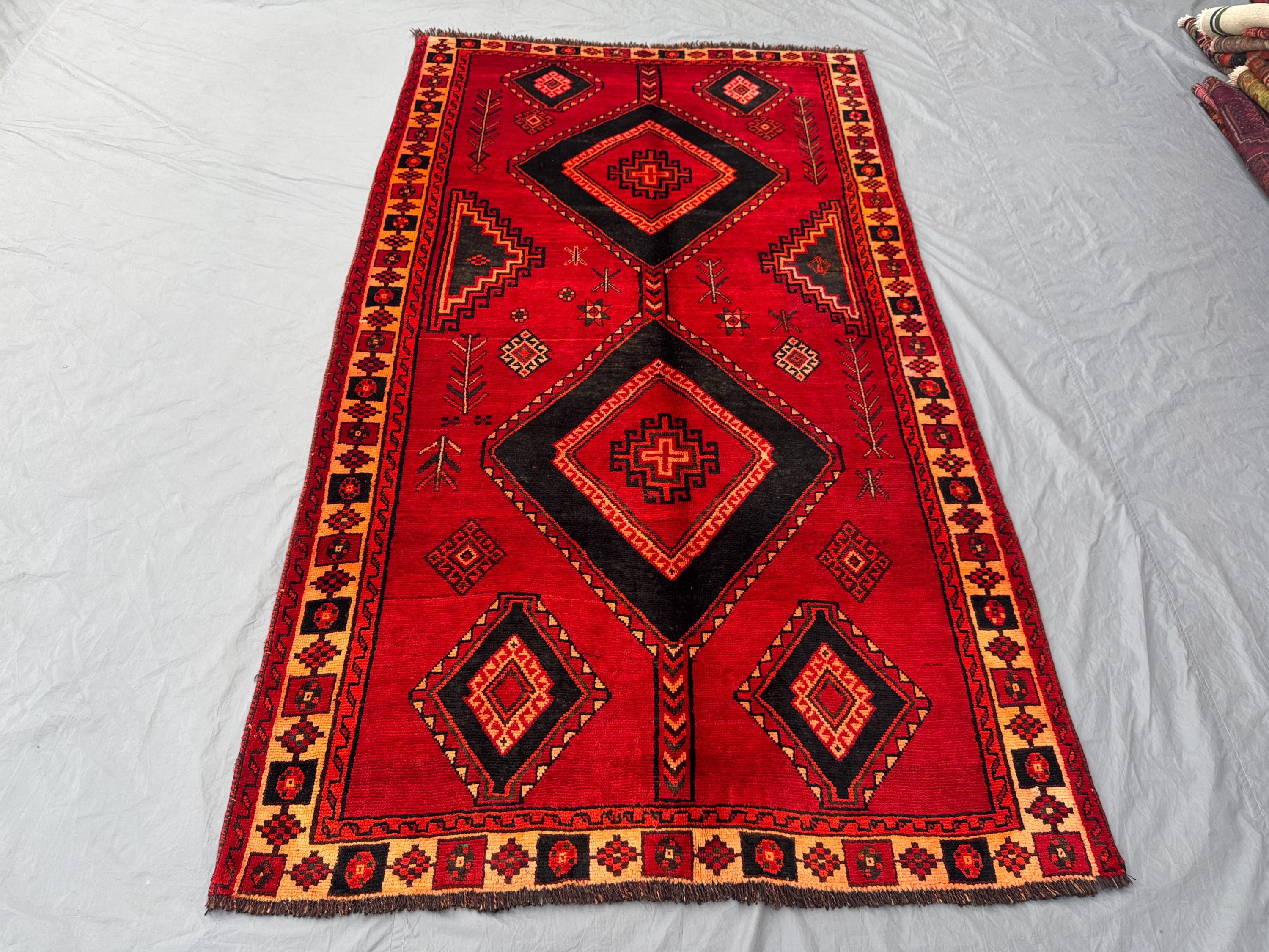 5x8.6 Ft Turkish Hand-Knotted Vintage Soft Pile Rug, One of a Kind Home Boho Decor, Luxury Medallion Design, Red and Black Color Palette