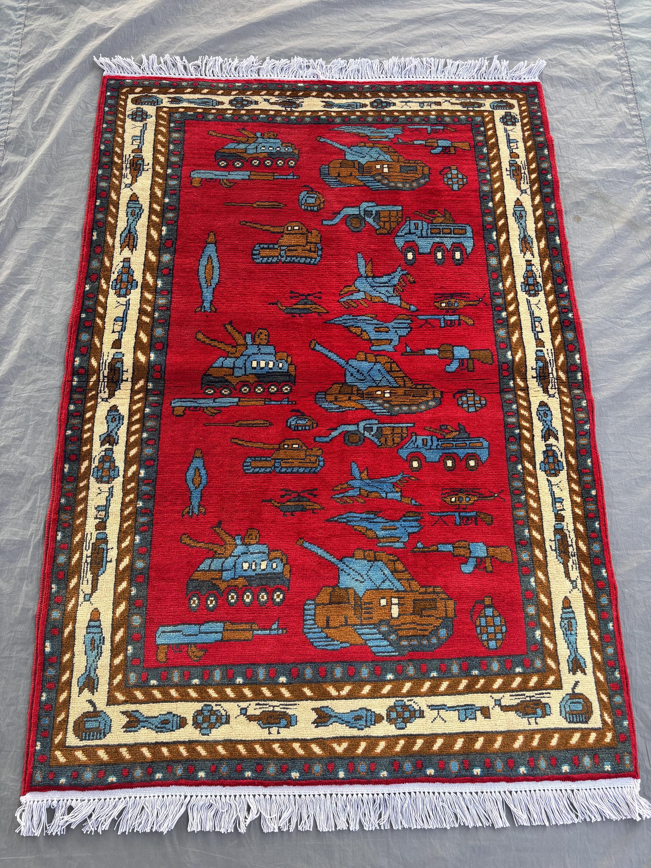 Afghan War Rug 3 x 5 Ft Hand-Knotted Wool Modern Pictorial Design Soft Pile One of a Kind Boho Decor