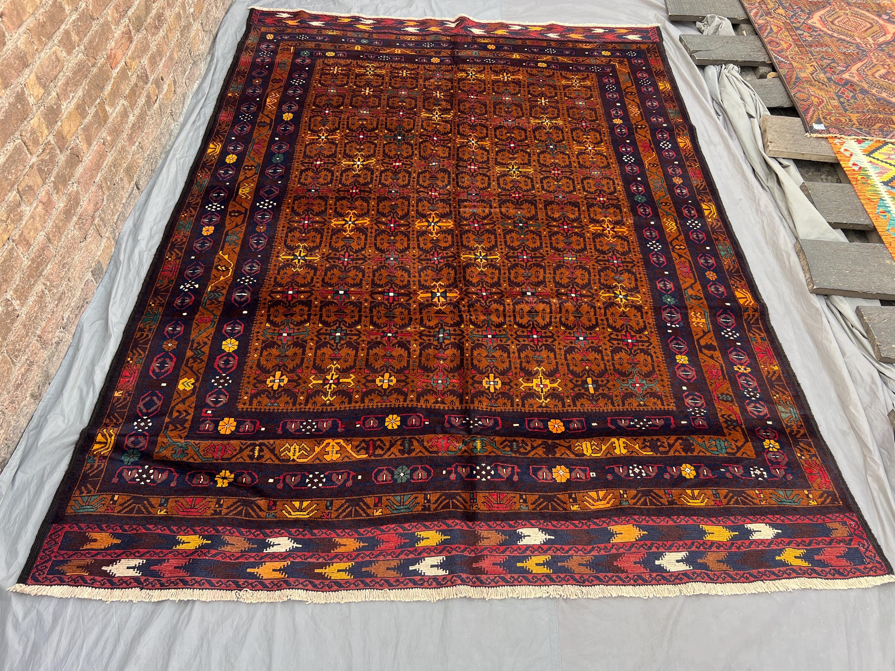 7 x 9'8 ft Vintage Afghan Baluchi Handmade Wool Rug, Rare Tribal Geometric Carpet, Oriental Nomadic Boho Area
