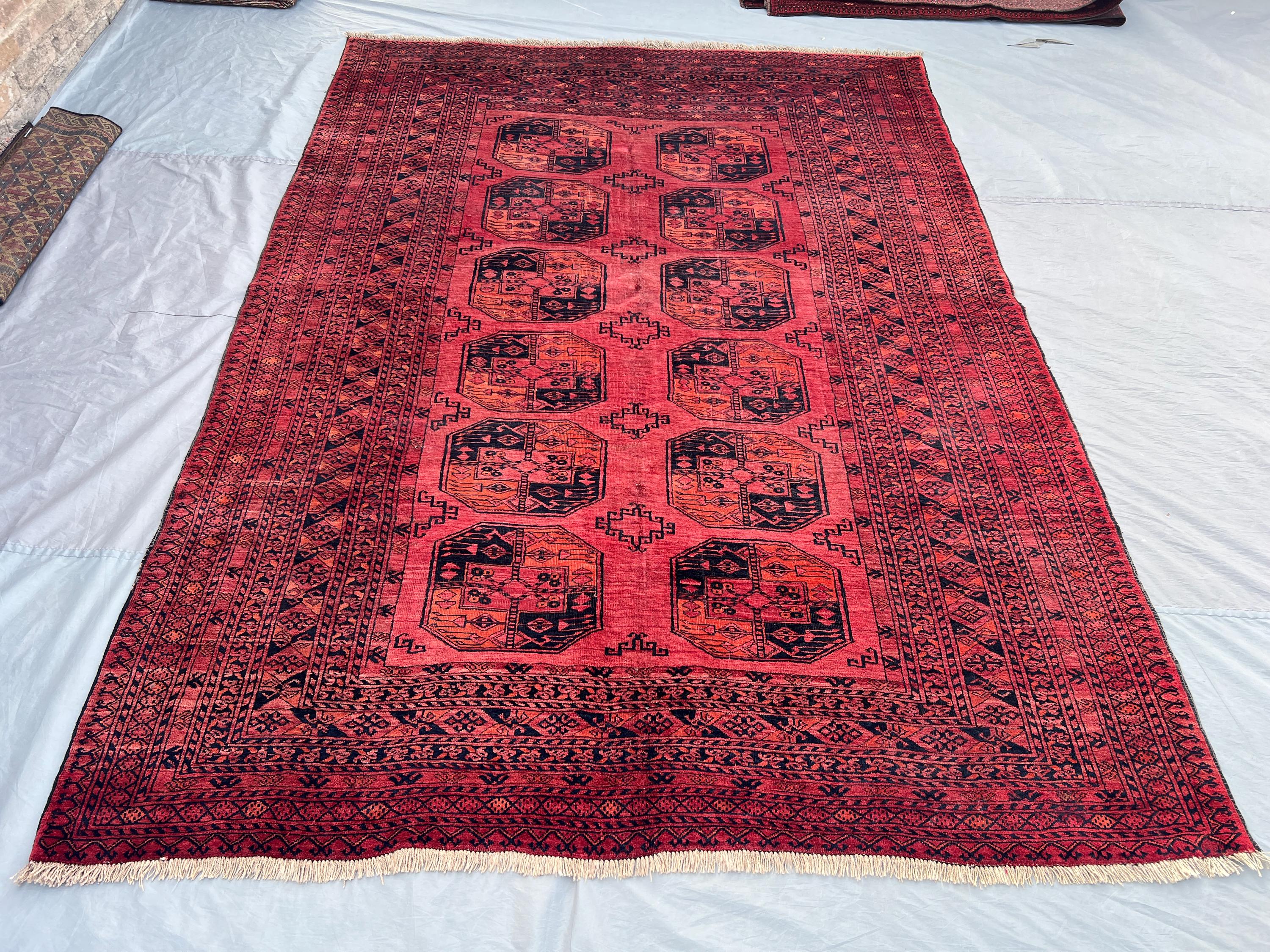 7x9 ft Afghan Hand Knotted Vintage Turkoman Bokhara Rug Red Black Rare Soft Pile Oriental Wool Carpet One of a Kind | living room decor rug