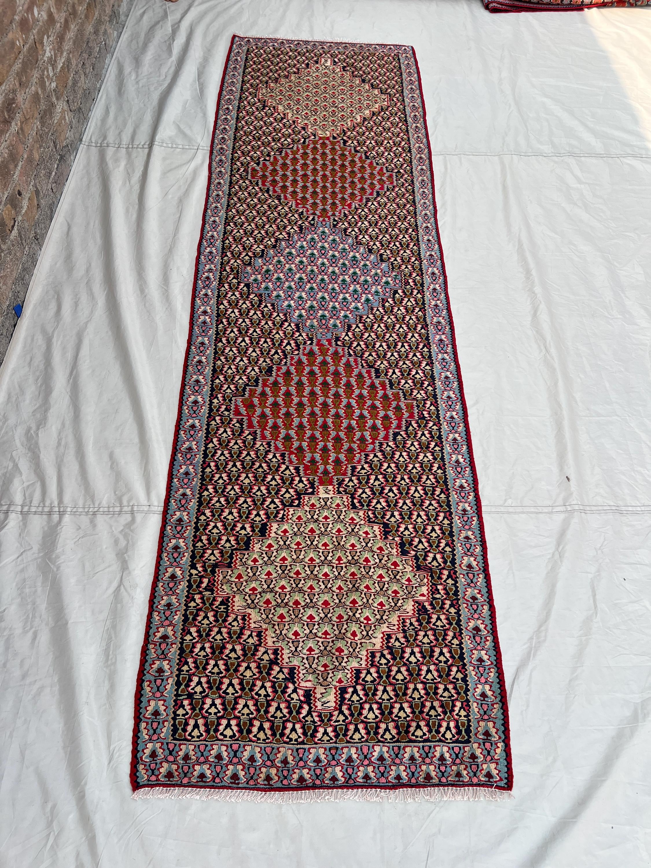 2x7'10 ft Vintage Afghan Handwoven Kilim Runner, Geometric Red Blue Brown, Flatweave, One of a Kind, Tribal De