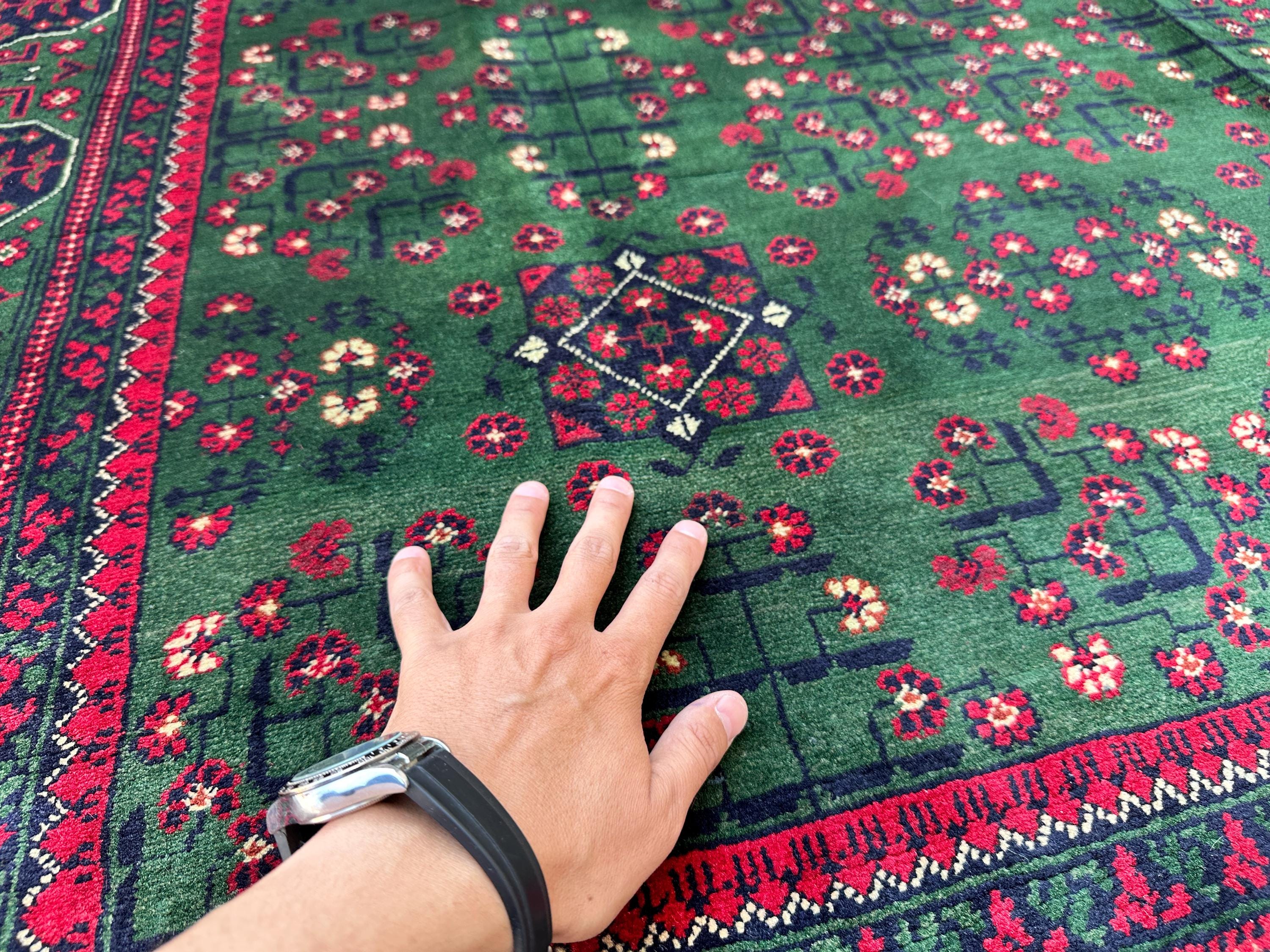 Hand Knotted Wool Area Rug, Green Floral Traditional Design, Red Border Living Room Carpet