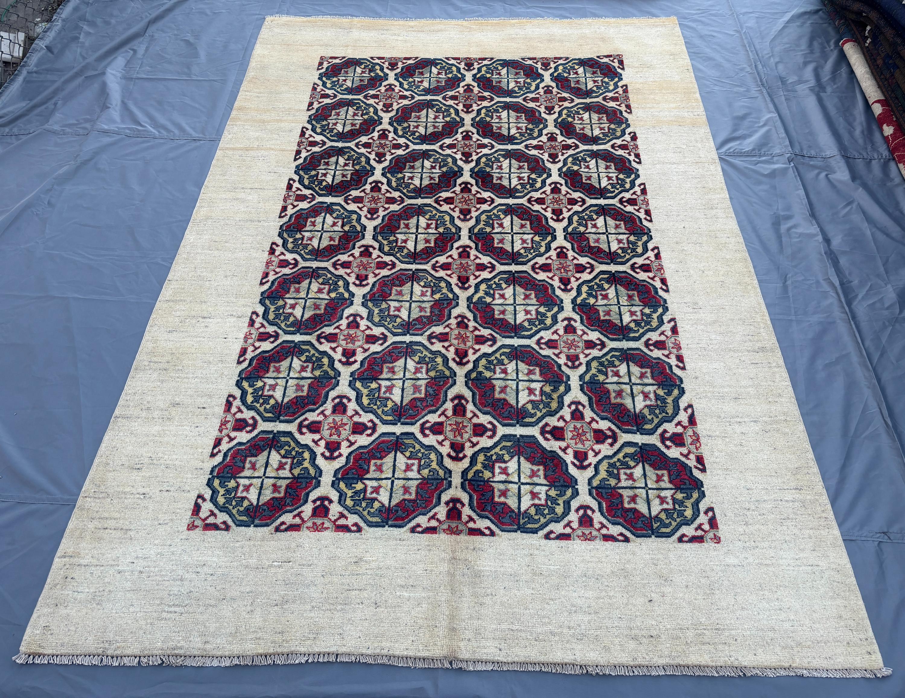 6x9 Afghan Hand-Knotted Modern Soft Pile Oushak Design Luxury Wool Rug Red and Blue Geometric Pattern Elegant Home Decor | bedroom decor rug
