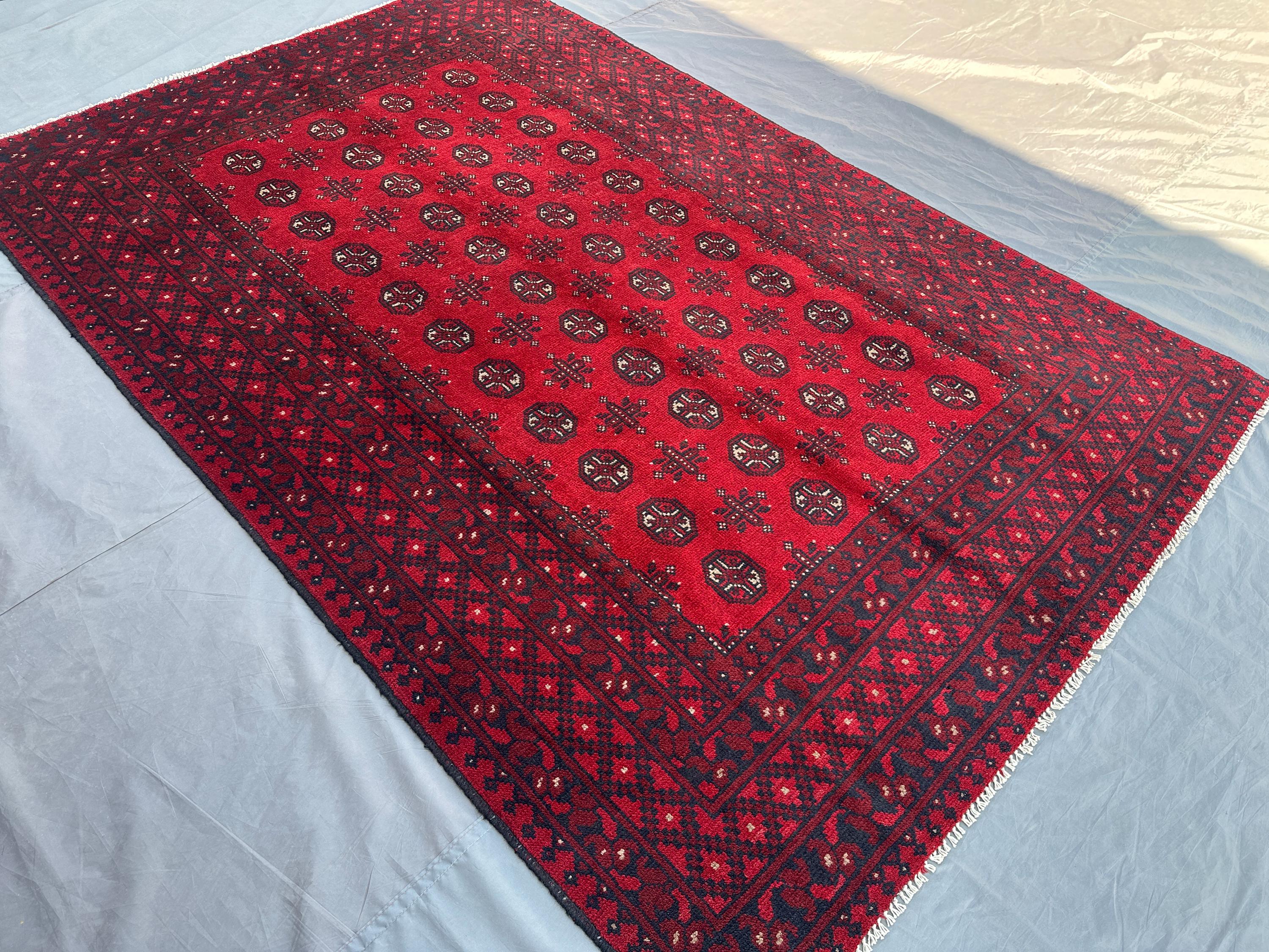 Vintage Afghan Red Rug 5'2x7'11 ft | Hand-Knotted Turkmen Bukhara Carpet | Tribal Wool Area Rug | Traditional
