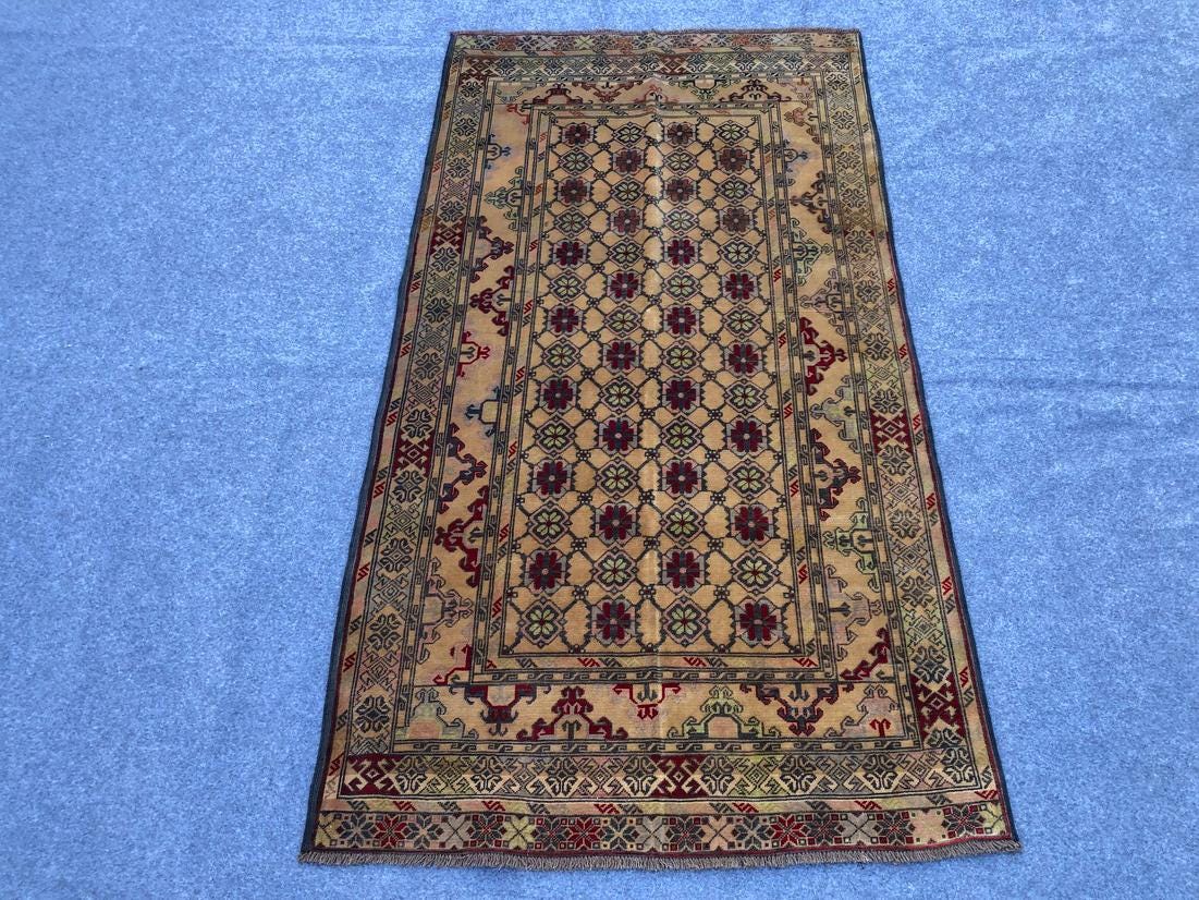 4x6 Ft Antique Handmade Rug / Turkmani Yellow rug / old vintage rug / Gorgeous handmade rug / Super Area rug /Area room rug 103x190 cm