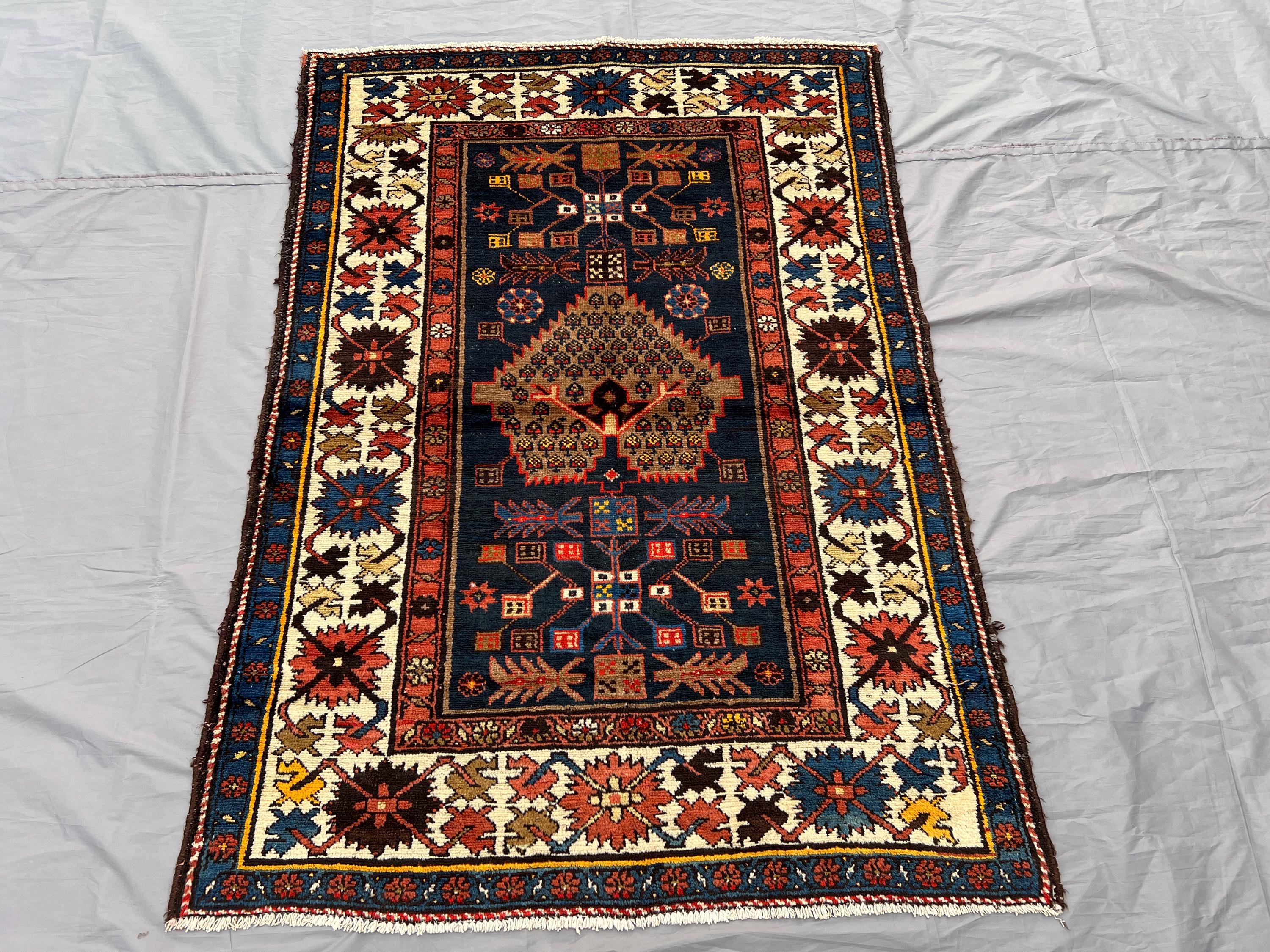 Antique Afghan Hand-Knotted Wool Rug 4x5 ft, Tribal Turkmen Carpet, Caucasian Design Vintage Area Rug for Home Decor, Small Accent Rare Rug