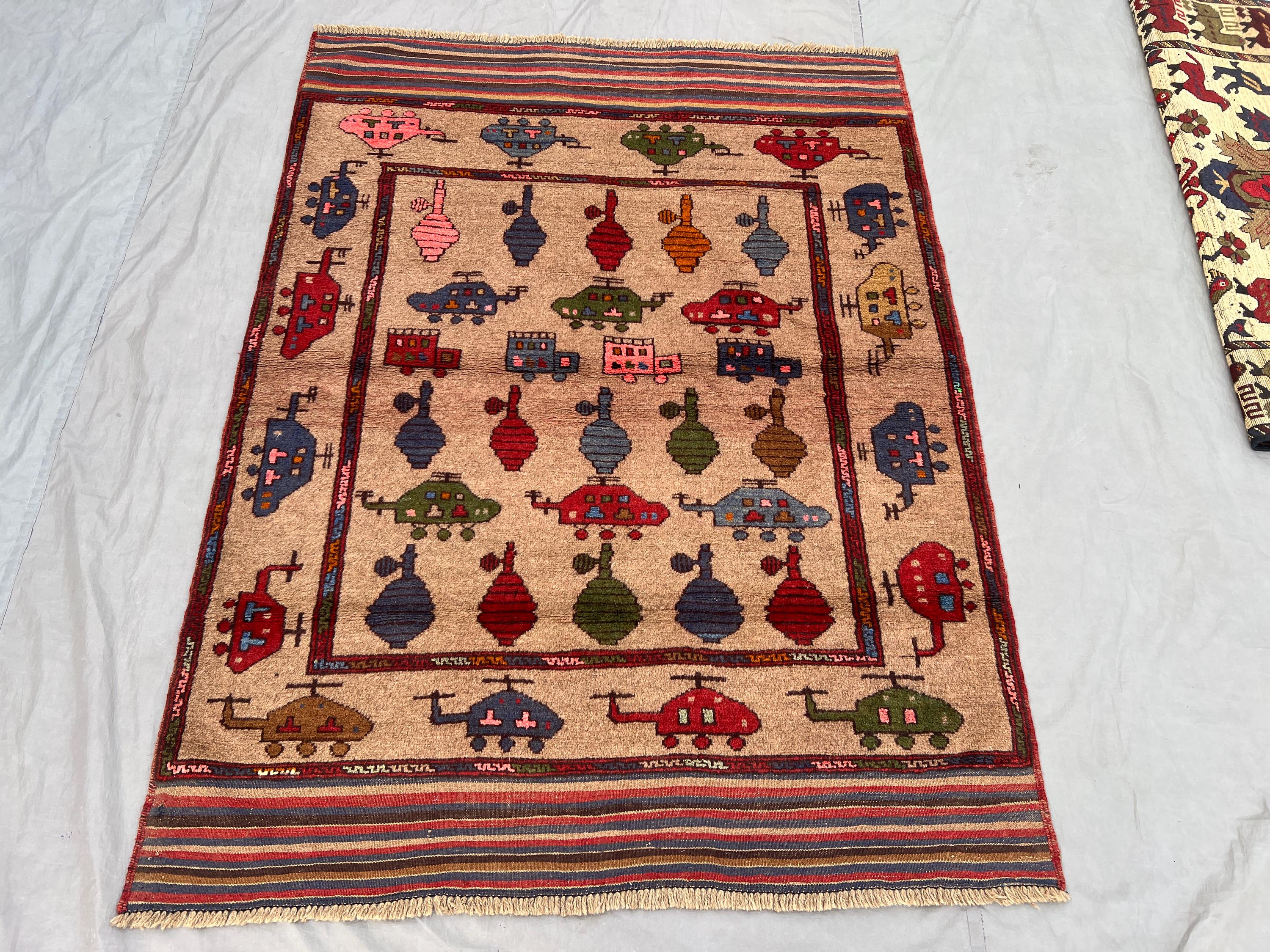 4'3x5'6 Ft Vintage Afghan Baluchi War Rug Hand Knotted Tribal Pictorial Soft Pile Area Rug One Of A Kind Home