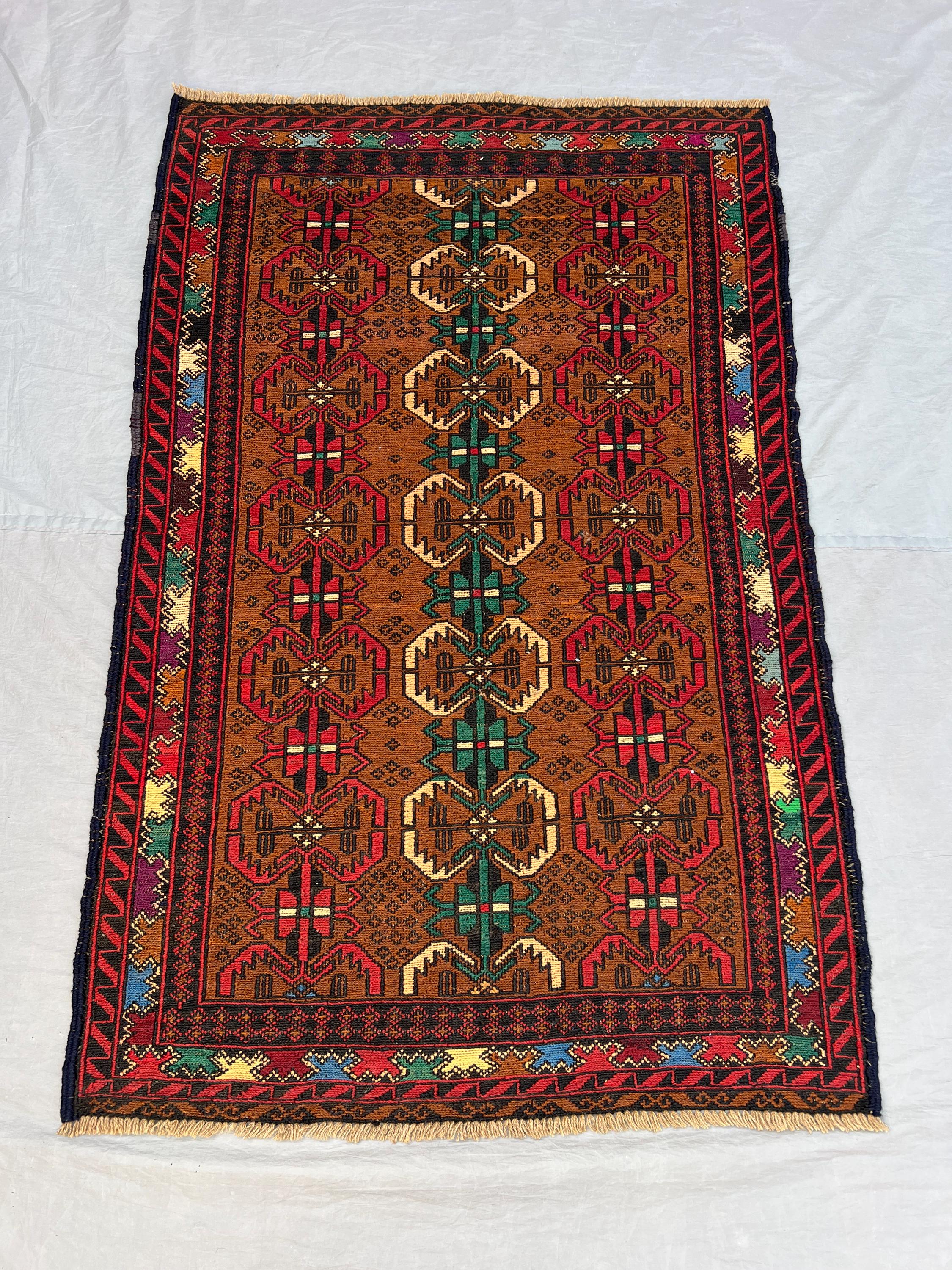 3'2x5 ft Vintage Afghan Pile Rug | Handknotted Tribal Diamond Chain Medallion | Warm Tobacco Brown & Multicolor Wool | Accent Rug Entryway