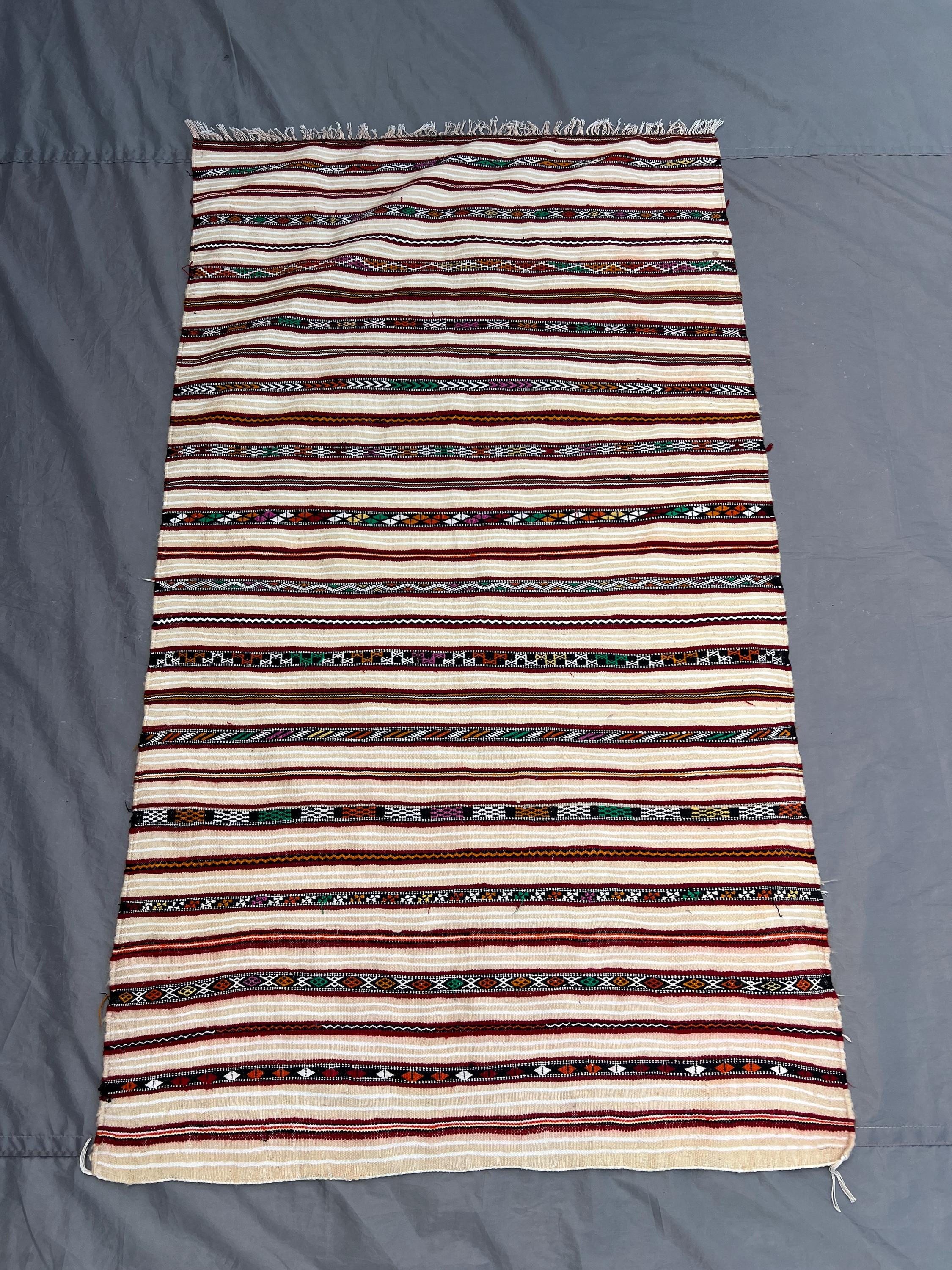 3x5 Handmade Antique Flat Weave Sumak Rug, Unique Tribal Striped Geometric Design, Hand-Knotted Wool Accent ru
