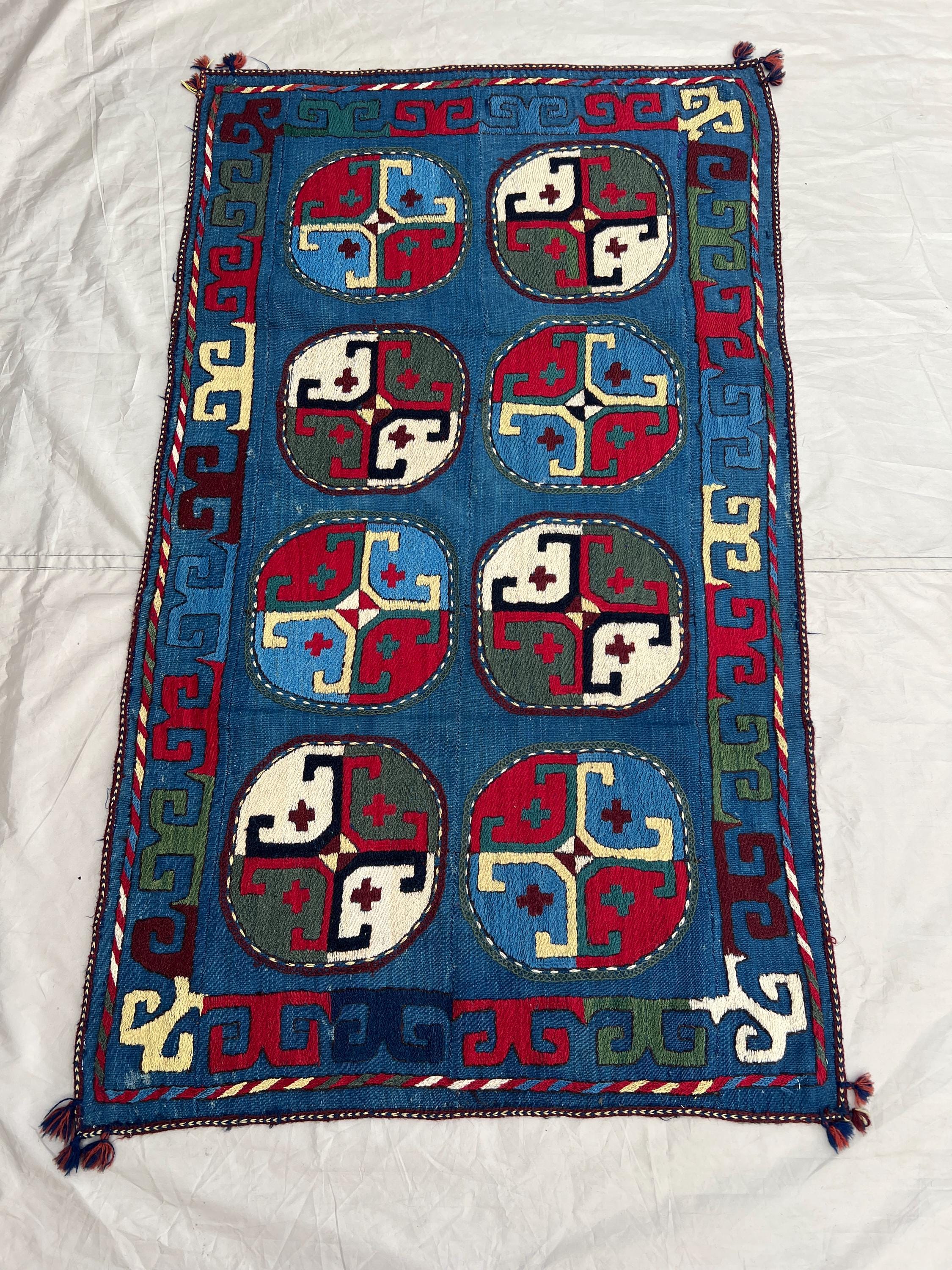 2'10x4'11 ft Vintage Afghan Kilim Rug, Handmade Flatweave Wool Rug, Tribal Panel Kilim, Blue Red Accent Rug, Boho Entryway Decor