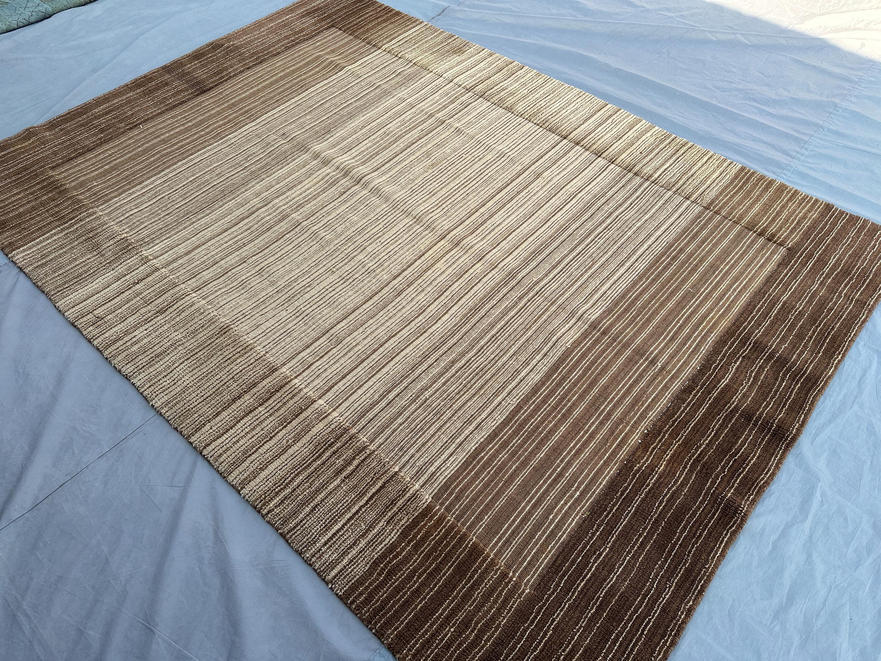 6x7 Afghan Handmade Tribal Rug, Vintage Wool Area Rug, Minimalist Striped Design, Brown Beige Carpet, Living R