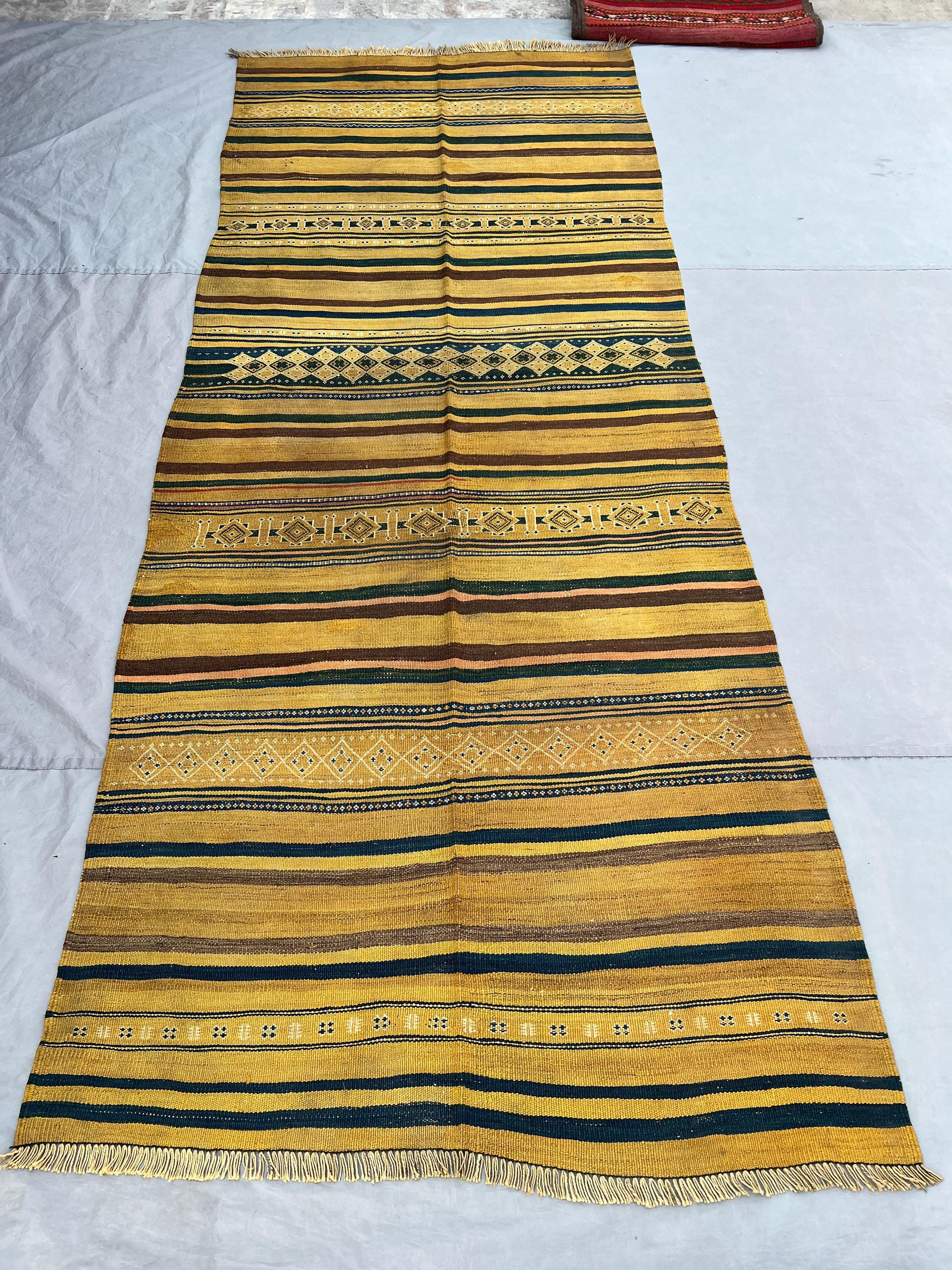 4x10'8 ft Vintage Afghan Kilim Runner, Handmade Flatweave Wool Rug, Long Hallway Runner Rug, Striped Tribal Carpet, Boho Home Decor