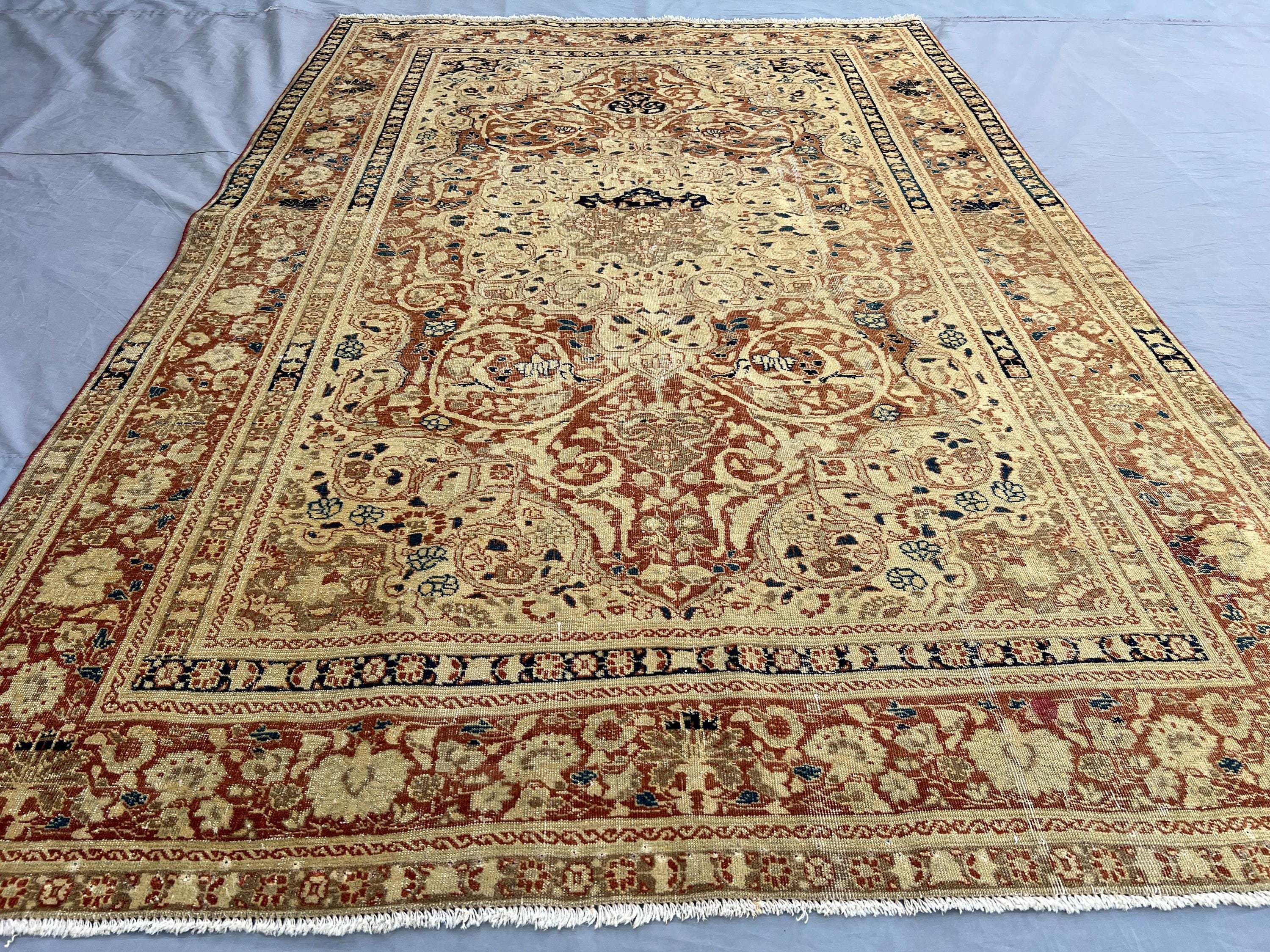4'1"x6'1" 1900s Antique Caucasian Tribal Rug | Turkish Hand-Knotted Wool Rug | Terracotta Faded | No Pile Distressed Area Rug | Kitchen Rug