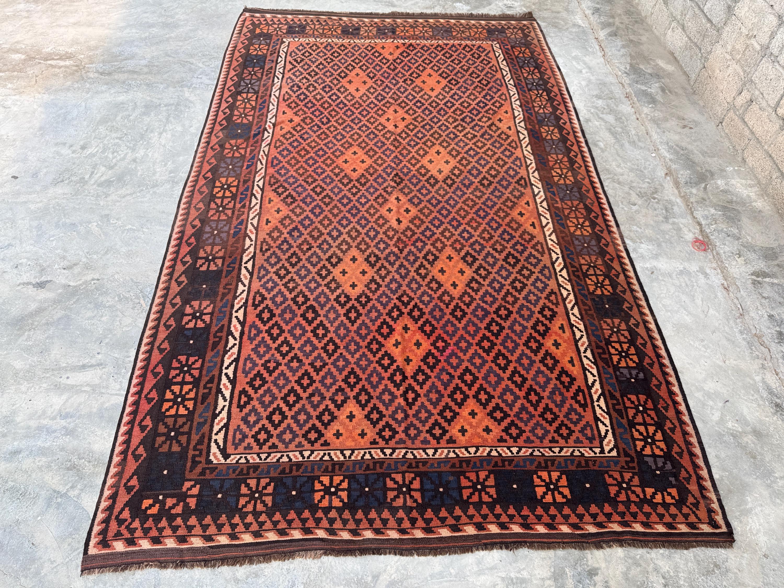 Large Vintage Turkish Kilim Rug 8'x13'10" (246x423 cm) Handwoven Wool Flatweave, Orange Red All-Over Geometric Diamond Tribal Area Rug