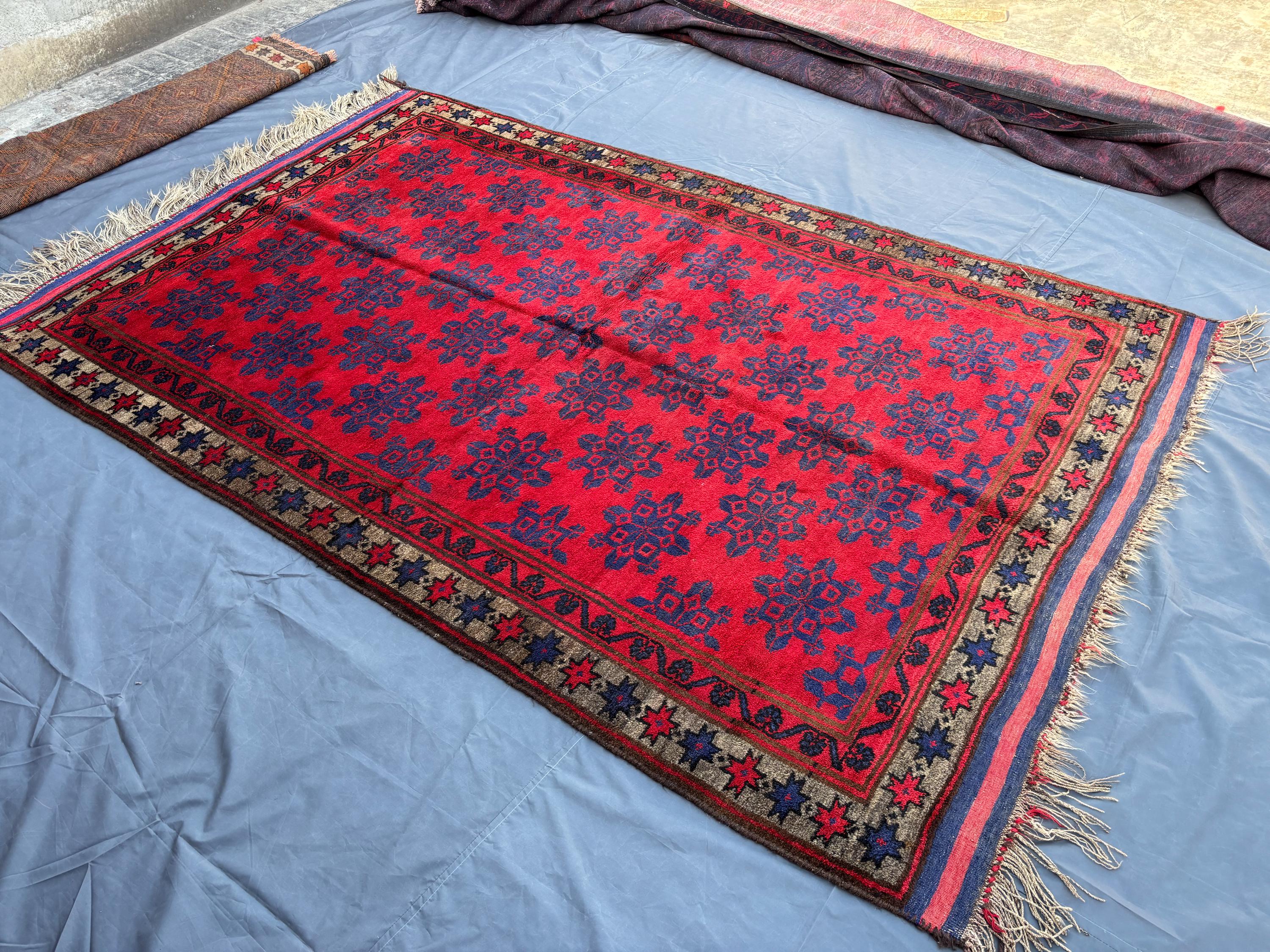5.10x9.5 Vintage Afghan Hand-Knotted Tribal Wool Rug, Red and Blue Geometric Pattern, Soft Pile Oriental Boho Area Carpet | Living Room Rug