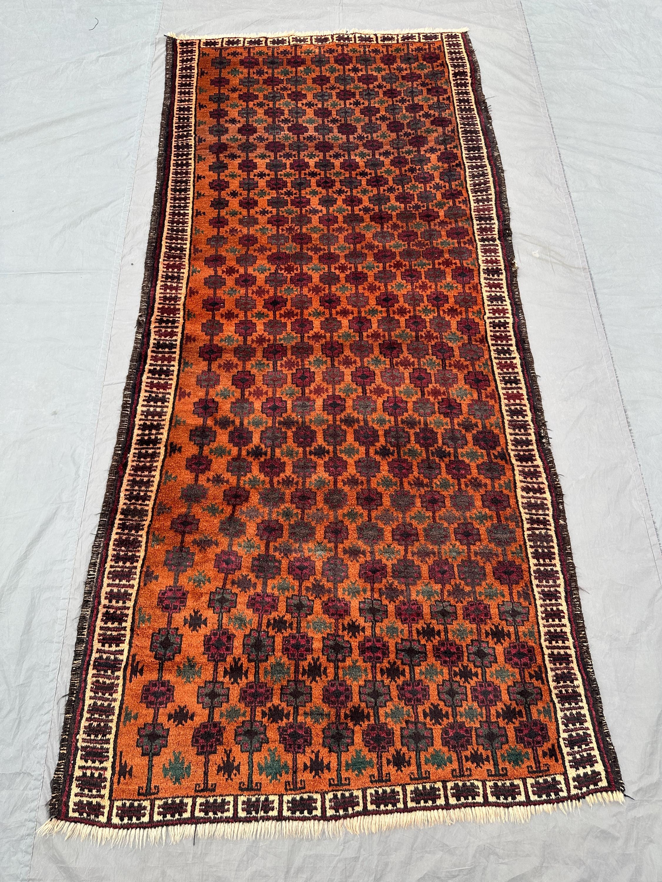 4x9 Wide Baluch Rug | Vintage Afghan Hand Knotted Wool Carpet | Tribal Turkmen Style | Geometric Nomadic Desig