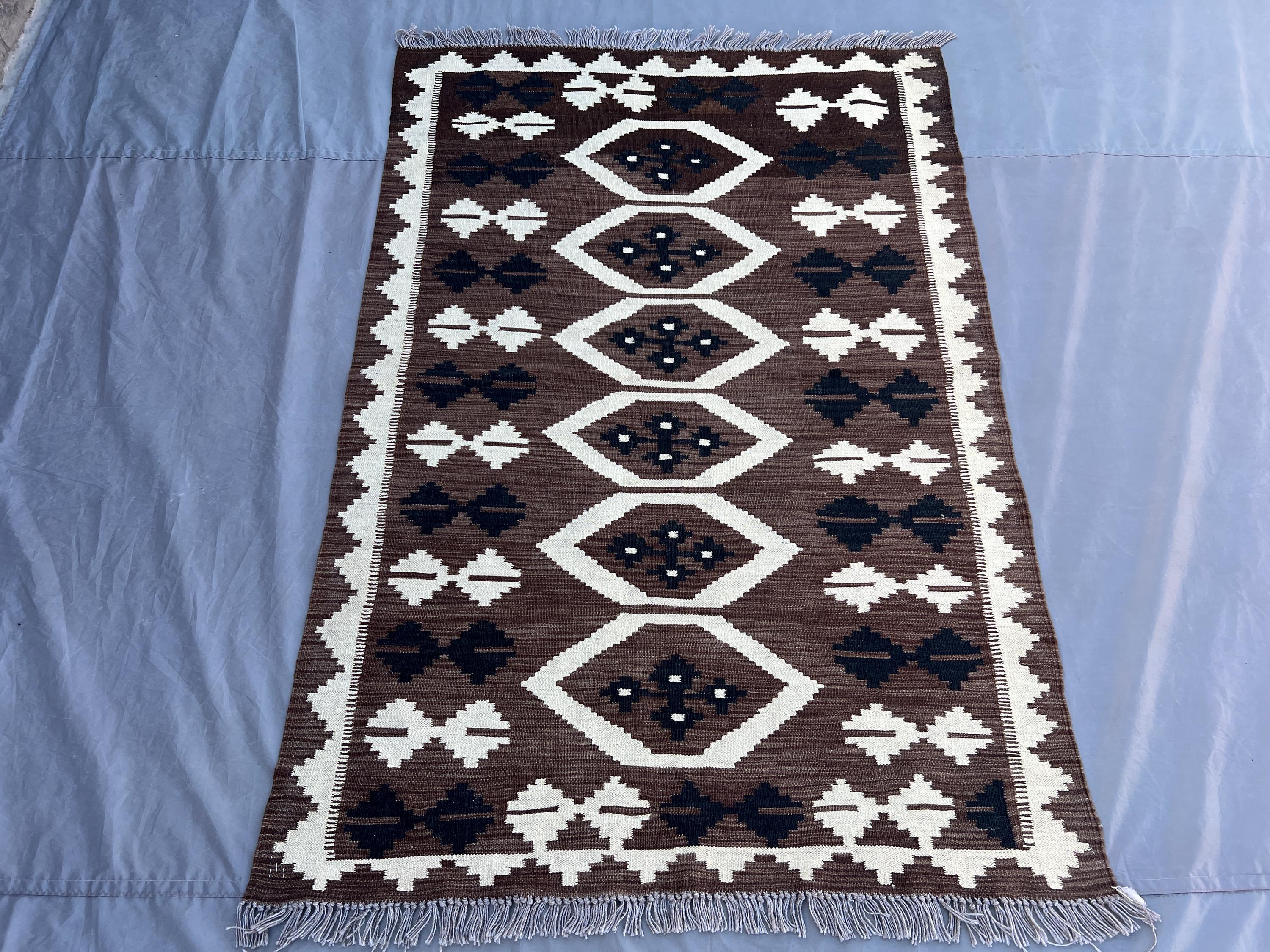 4x6 Afghan Handmade Kilim Rug | Tribal Modern Wool Flat Weave | Brown Ivory Black Navajo Style Geometric Kitchen Area Carpet Rug, Home Decor