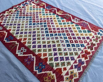 4'2x6'3 ft afghanischer handgemachter Kelim Teppich | Bunter Flachgewebe Teppich | Boho Wohnzimmer Geometrischer Teppich, Wohnkultur, Küchenteppich