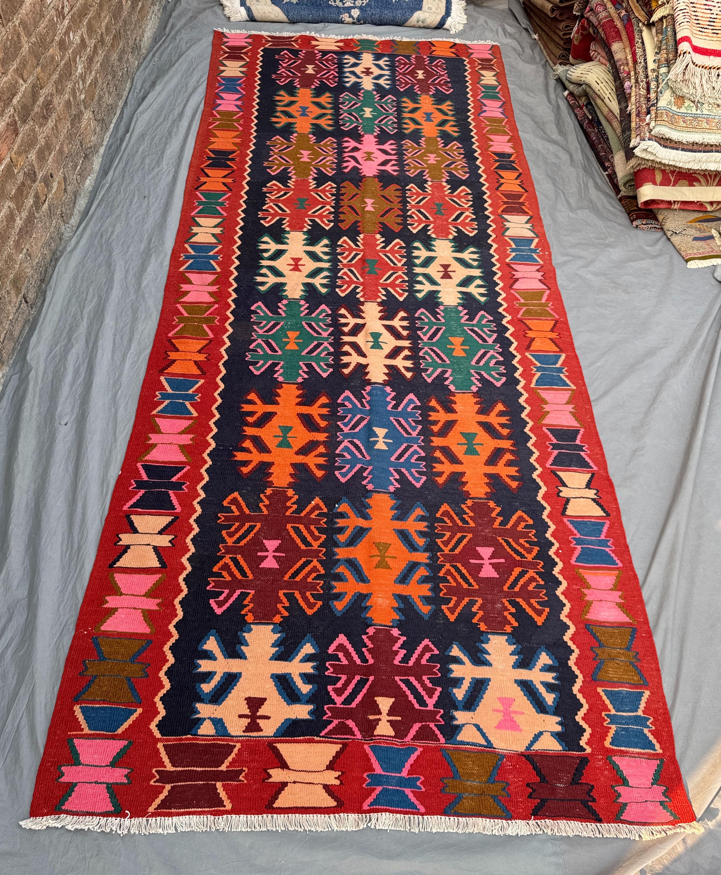 5 x 13 ft Vintage Turkish Kilim Runner | Handwoven Reversible Flatweave | Navy & Red Medallions | One-of-a-Kind Wide Boho Luxury