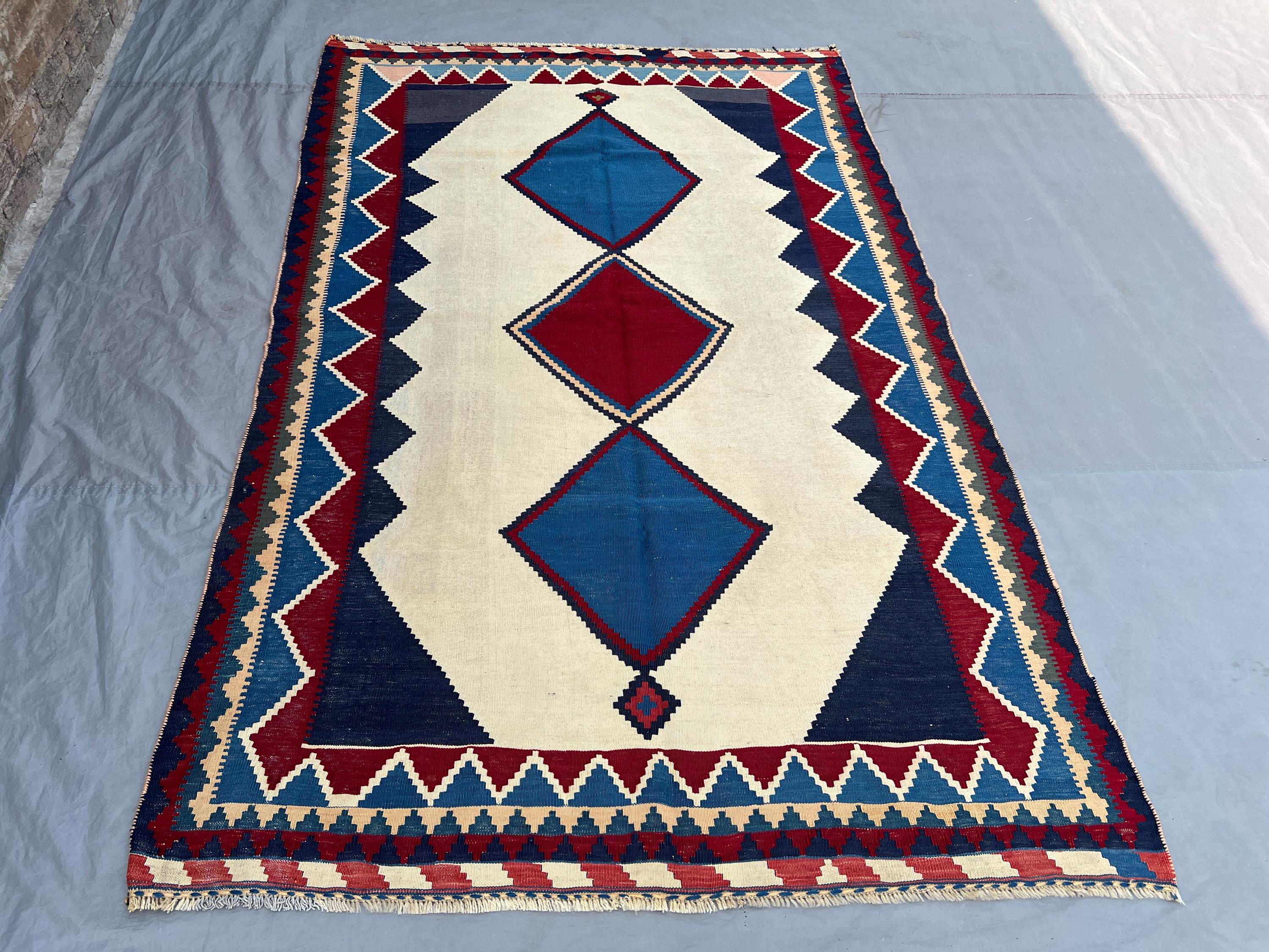 5'3x8'3 Ft Vintage Afghan Kilim Handwoven Wool Flatweave Bold Open Field Triple Diamond Ivory Royal Blue Deep Red Area Rug | Modern Decor