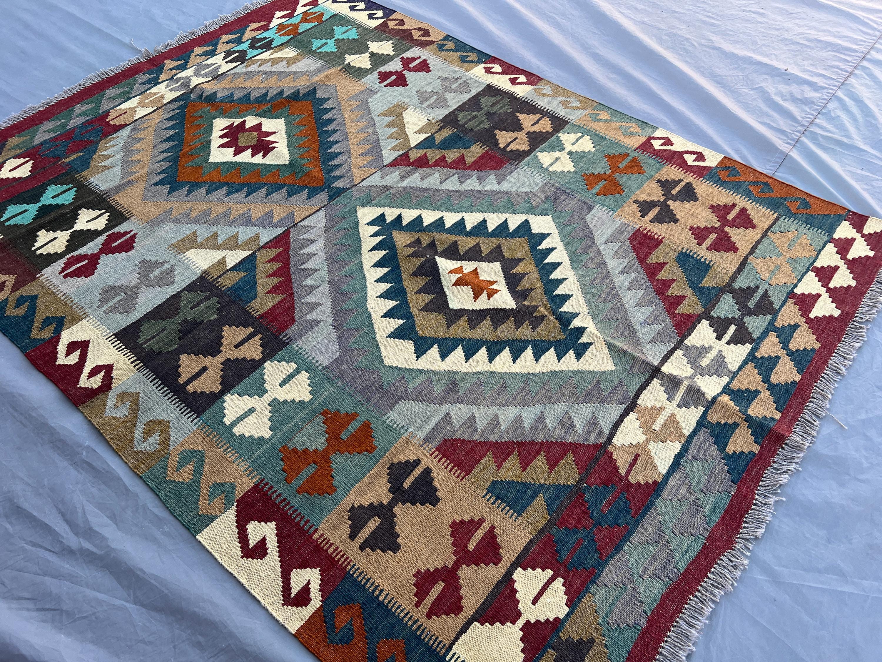 5x7 Afghan Kilim Rug, Navajo Style Flat Weave Wool Rug | Tribal Handwoven Carpet | Earthy Geometric Decor | Living Room Rug, Turkish kilim