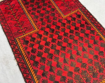 2'9 x 4'2 ft Vintage Afghan Prayer Rug, Hand Knotted Wool Oriental Rug, Tribal Geometric Pattern Small Red Blue Carpet Soft Pile Moss Rug