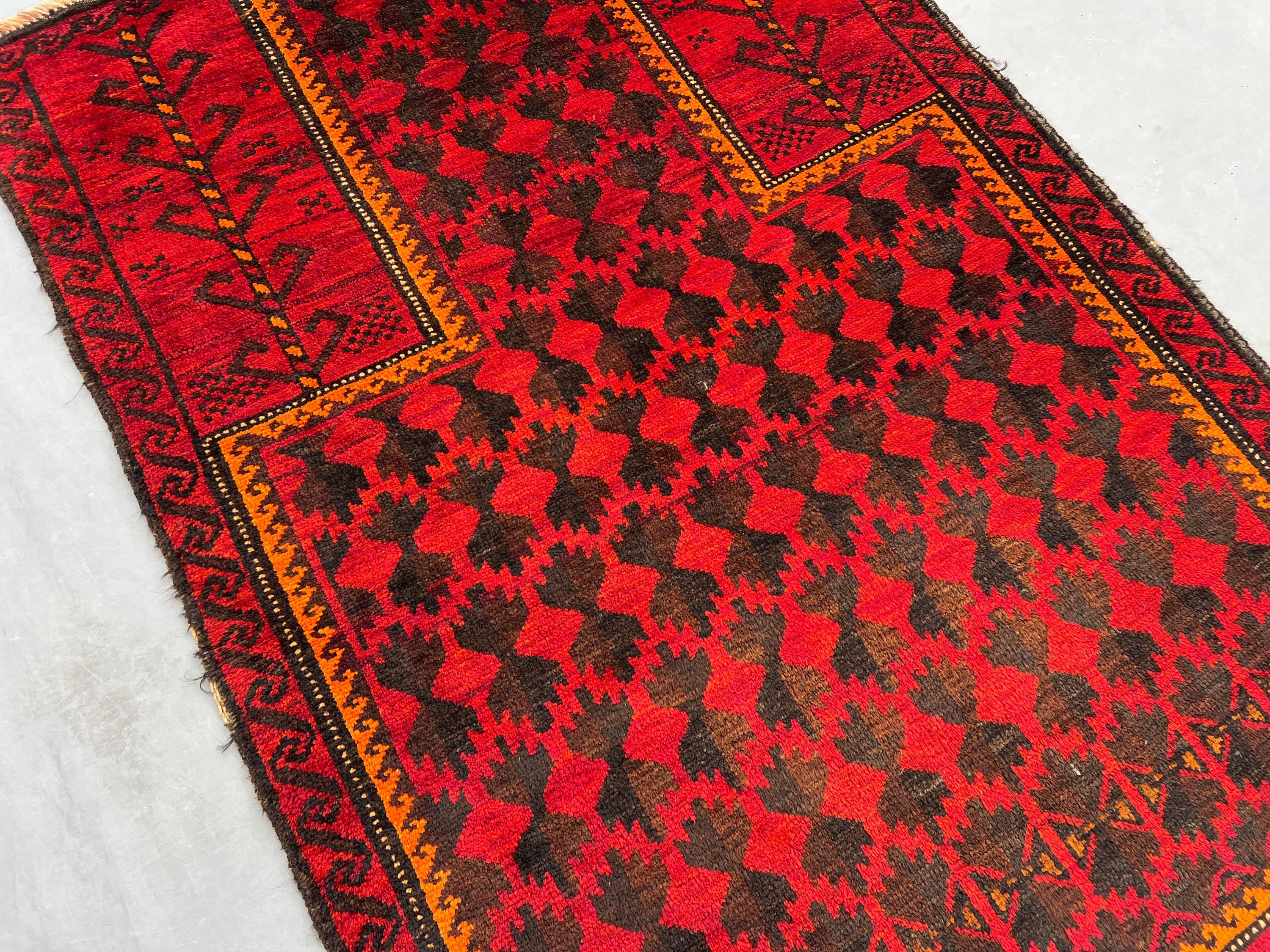2'9 x 4'2 ft Vintage Afghan Prayer Rug, Hand Knotted Wool Oriental Rug, Tribal Geometric Pattern Small Red Blue Carpet Soft Pile Moss Rug