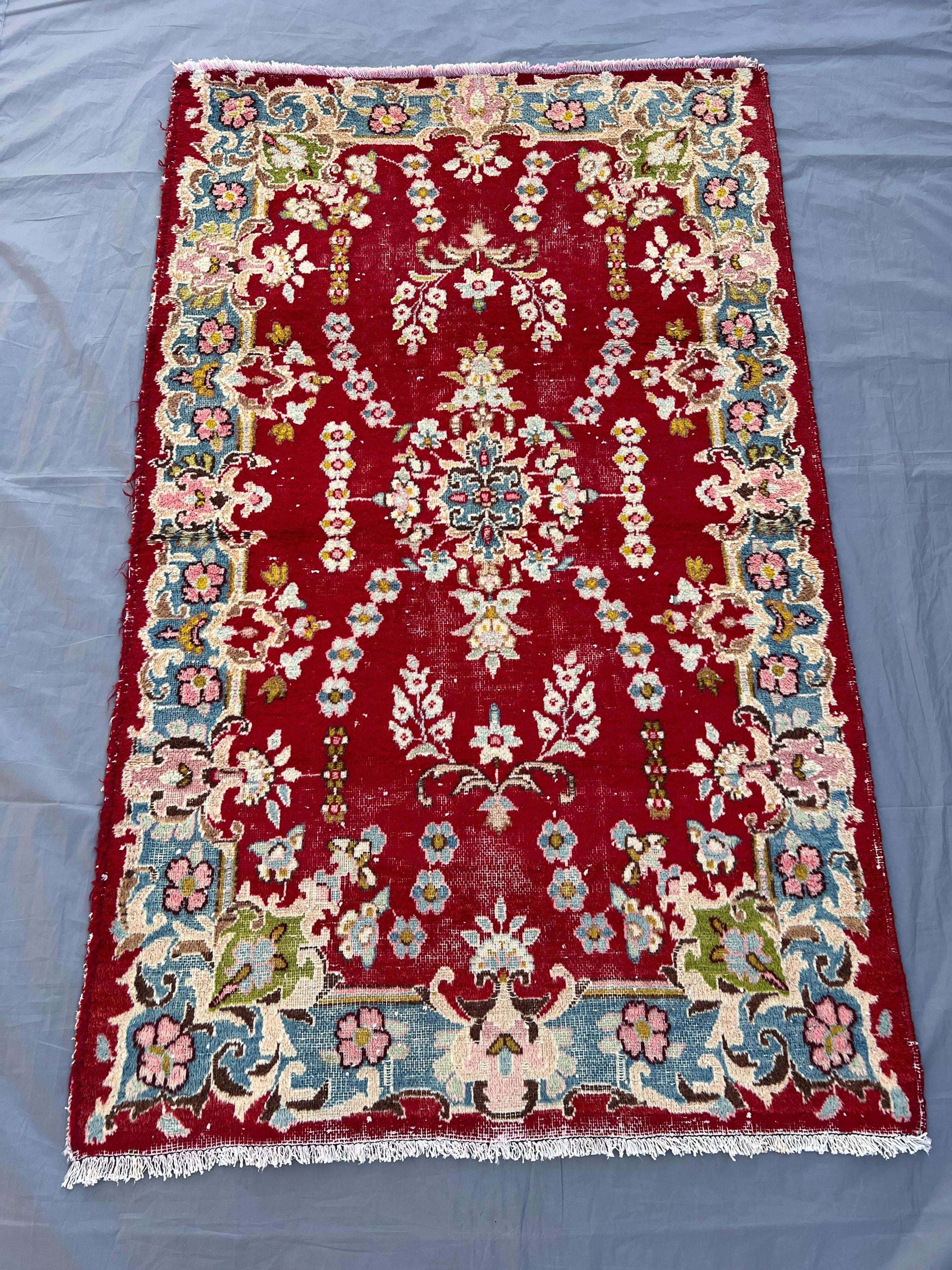 3x4.8 ft Vintage Turkish Hand-Knotted Tribal Rug Moroccan Style Wool Rug Unique Floral Design Area Carpet, Rare Find Accent Rug, Home Decor