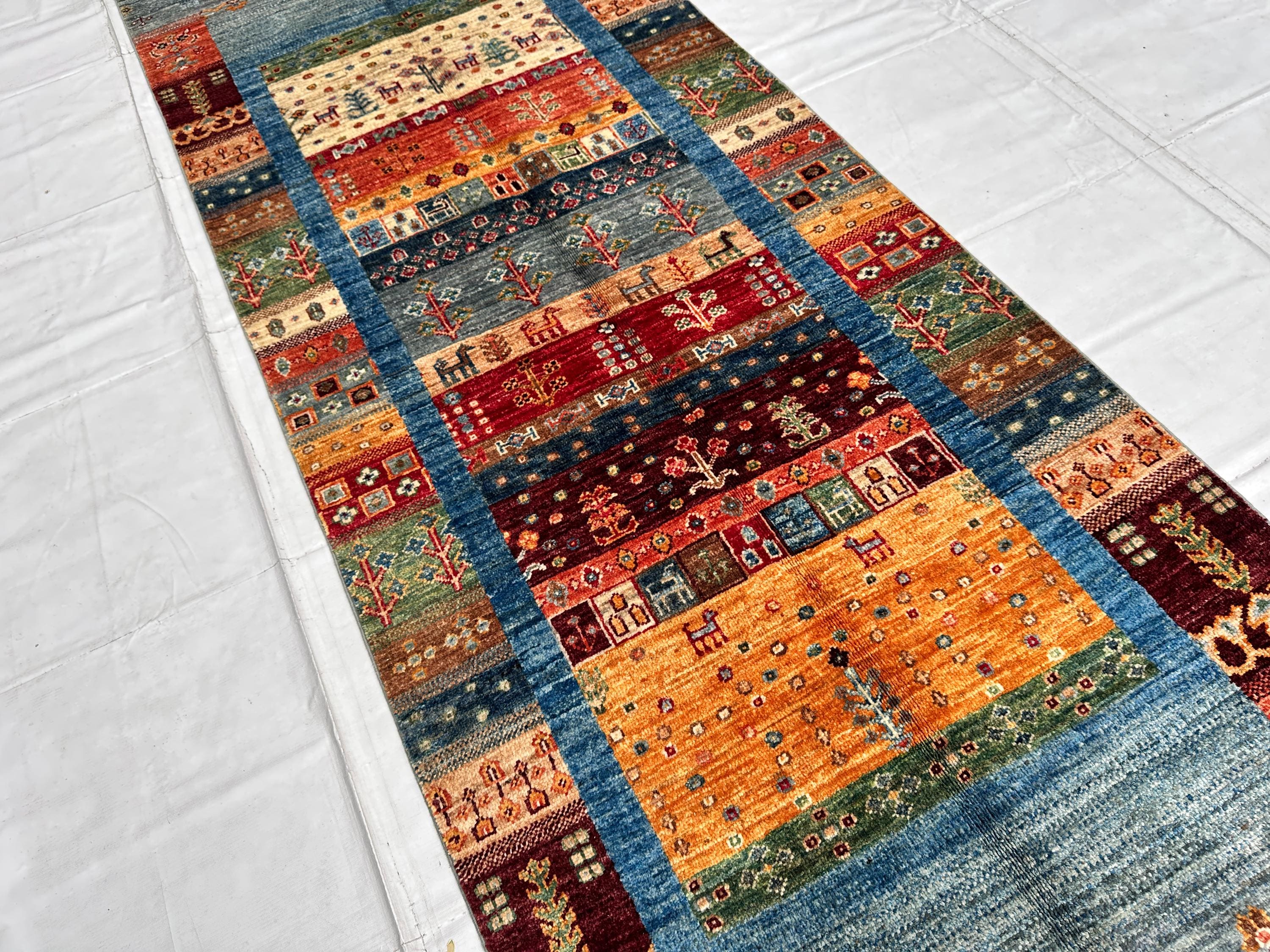 Tribal Striped Runner Rug, Hand Knotted Wool Gabbeh Hallway Rug, Gray Animal Motif Carpet 3x8, Boho Wool Runne
