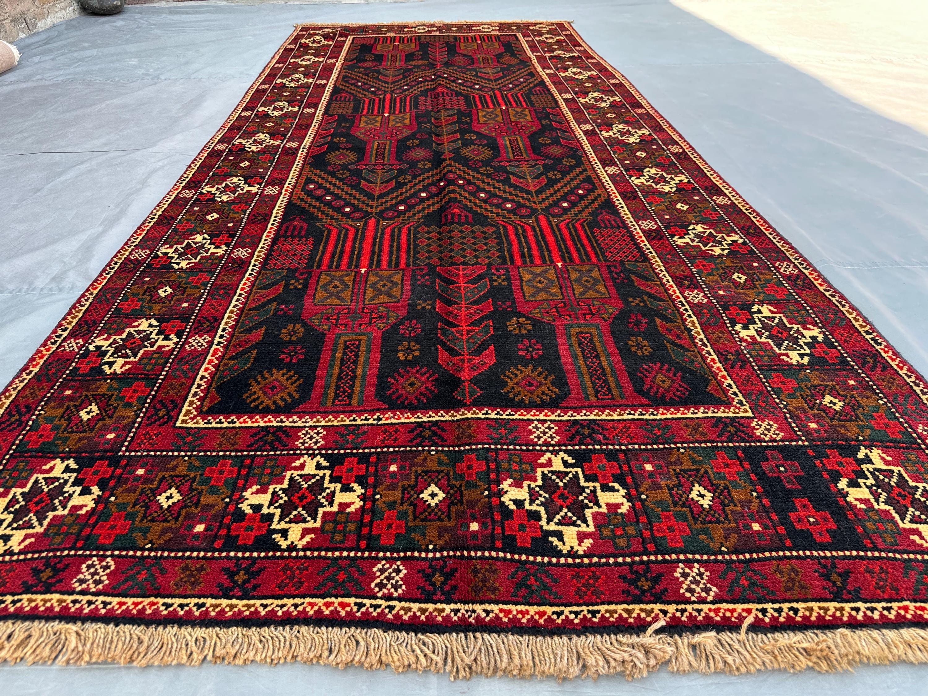 Vintage Baluch Wide Runner Rug 4x9'8 ft Hand-Knotted Afghan Wool Rug | Red & Black Tribal Hallway Carpet | Nomadic Decor