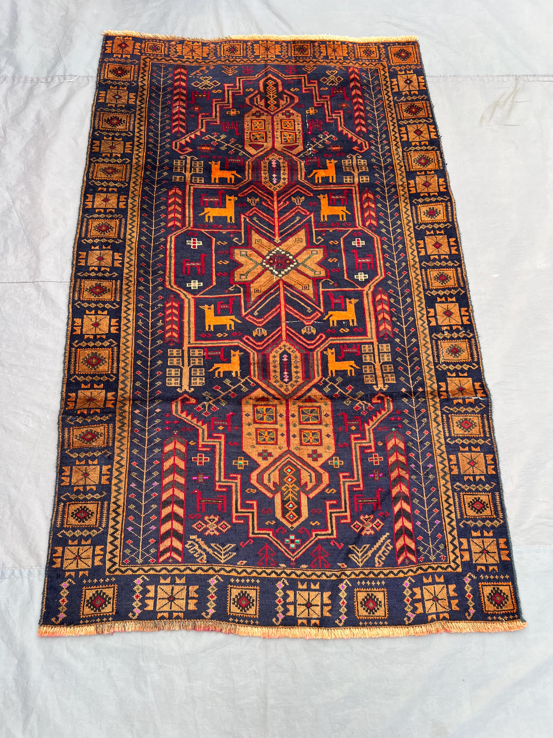 4 x 6 ft Afghan Hand Knotted Vintage Balochi Rug Navy Gold Red Animal Pattern Soft Wool Rare Tribal One Of A K