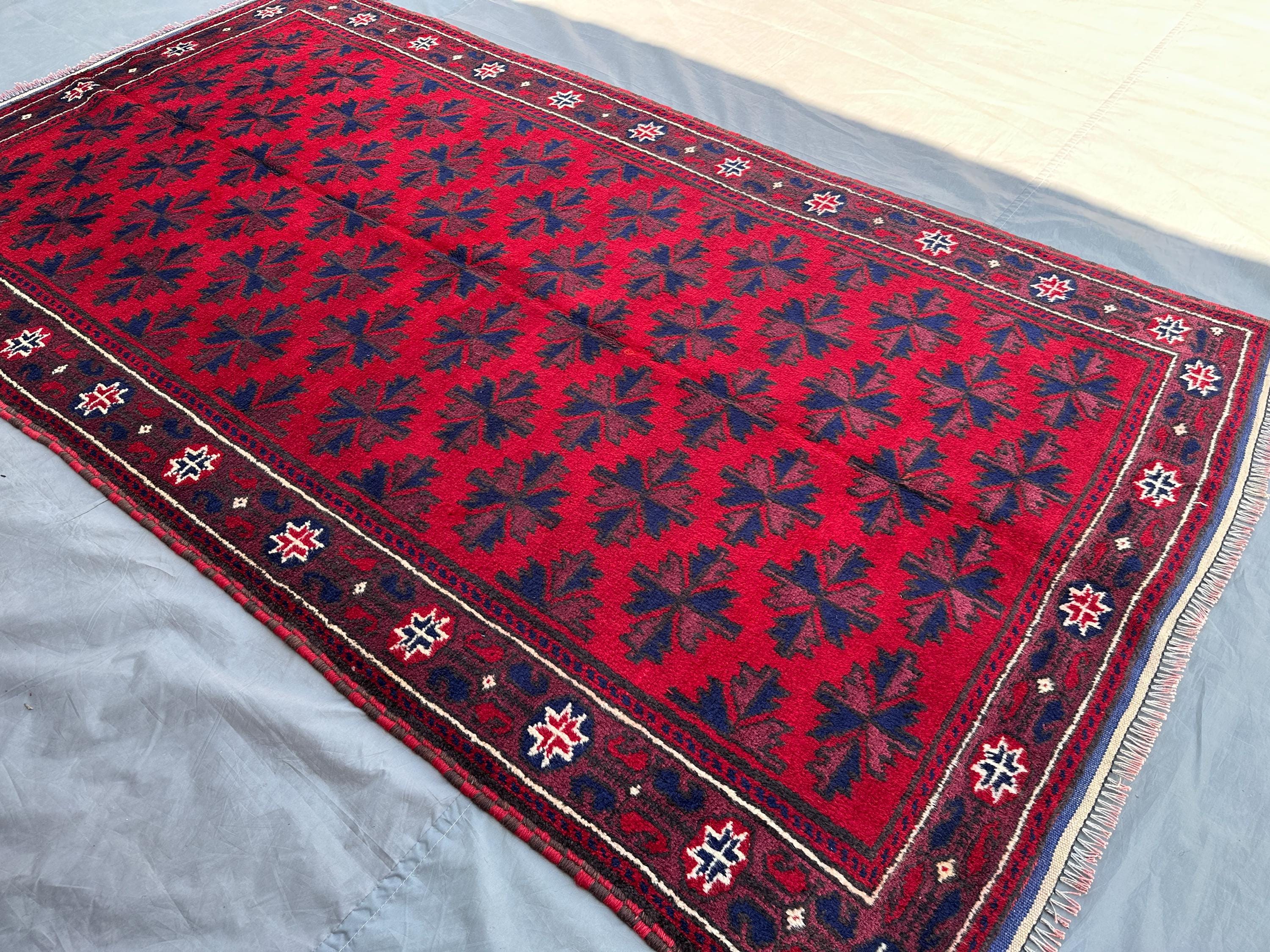 Vintage Afghan Baluch Rug 4'5x7'10 ft, Handmade Wool Tribal Rug | Geometric Pattern Area Rug for Bedroom or Living Room Rug, Home Decor