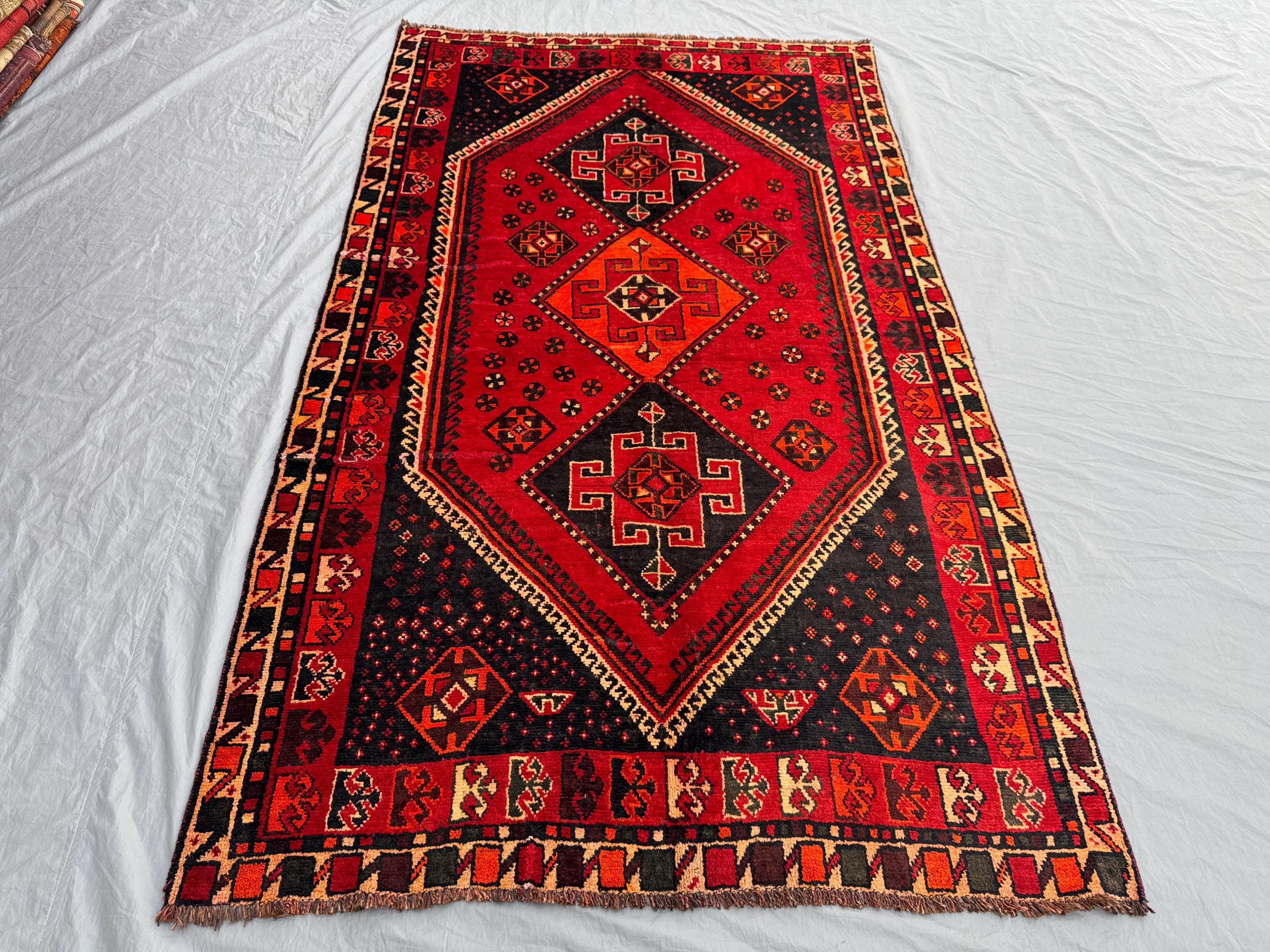 Red 5x8'6 Ft Vintage Afghan Hand Knotted Soft Rug, Tribal Wool, Geometric Caucasian Design, Antique Area Rug,