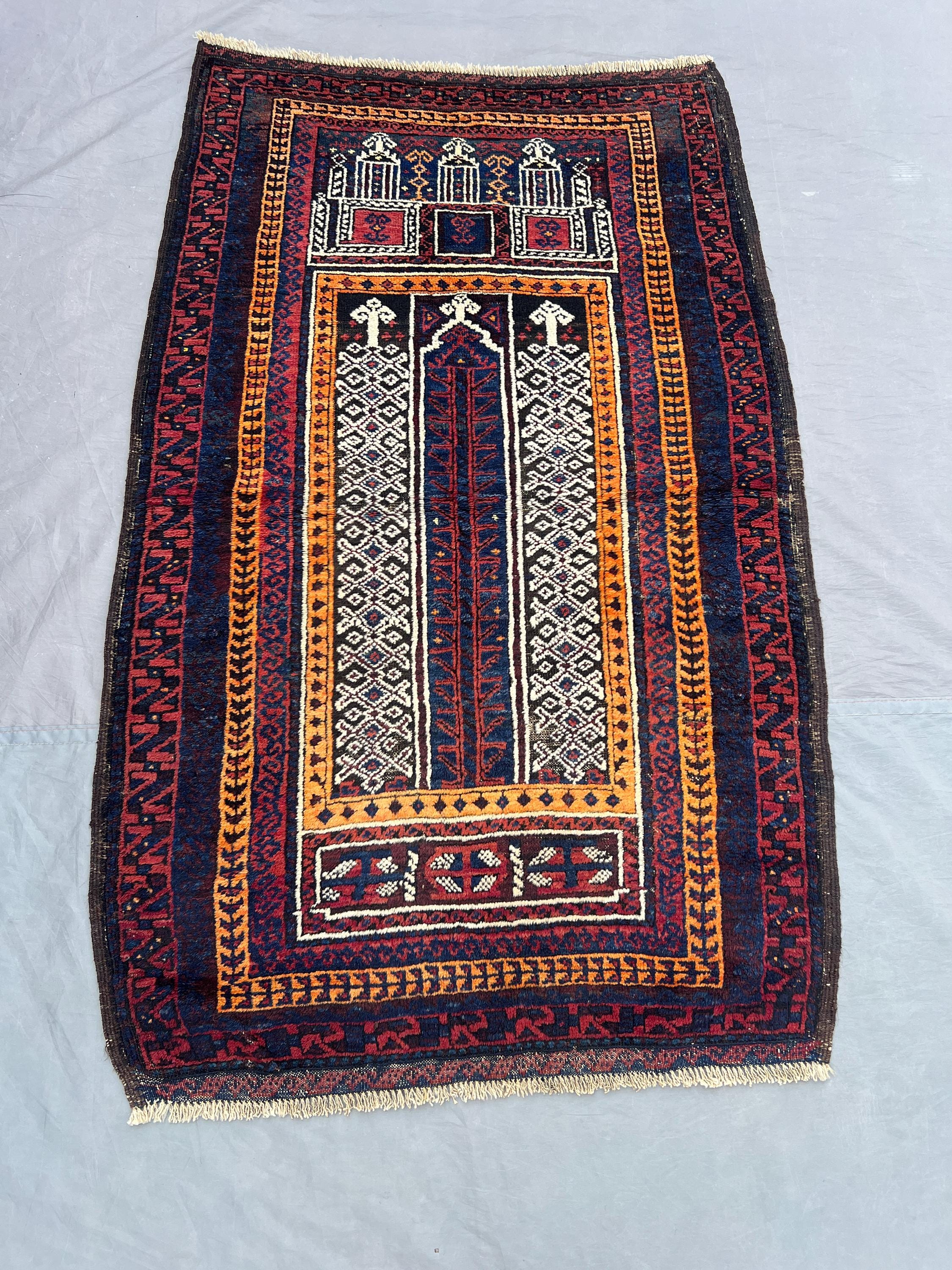 3 x 4 ft Afghan Baluchi Prayer Rug, Hand Knotted Wool Carpet, Red Blue Tribal Islamic Design, One of a Kind Oriental Decor | home decor rug