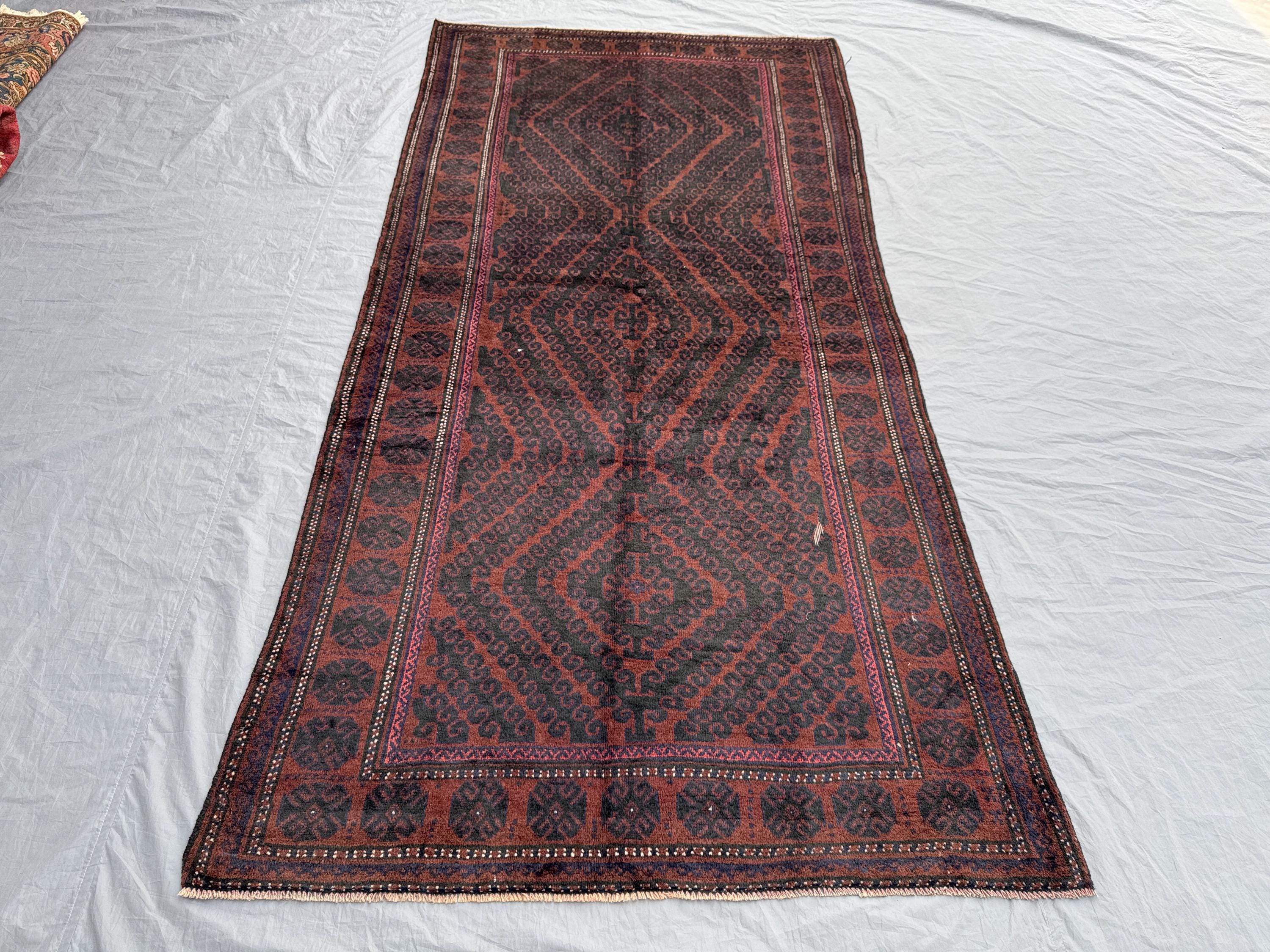 Terracotta 4'5 x 9'8 Ft Afghan Hand Knotted Vintage Baluchi Tribal Runner Rug Geometric Wool Hallway Entryway Decor corridor,kitchen walkway