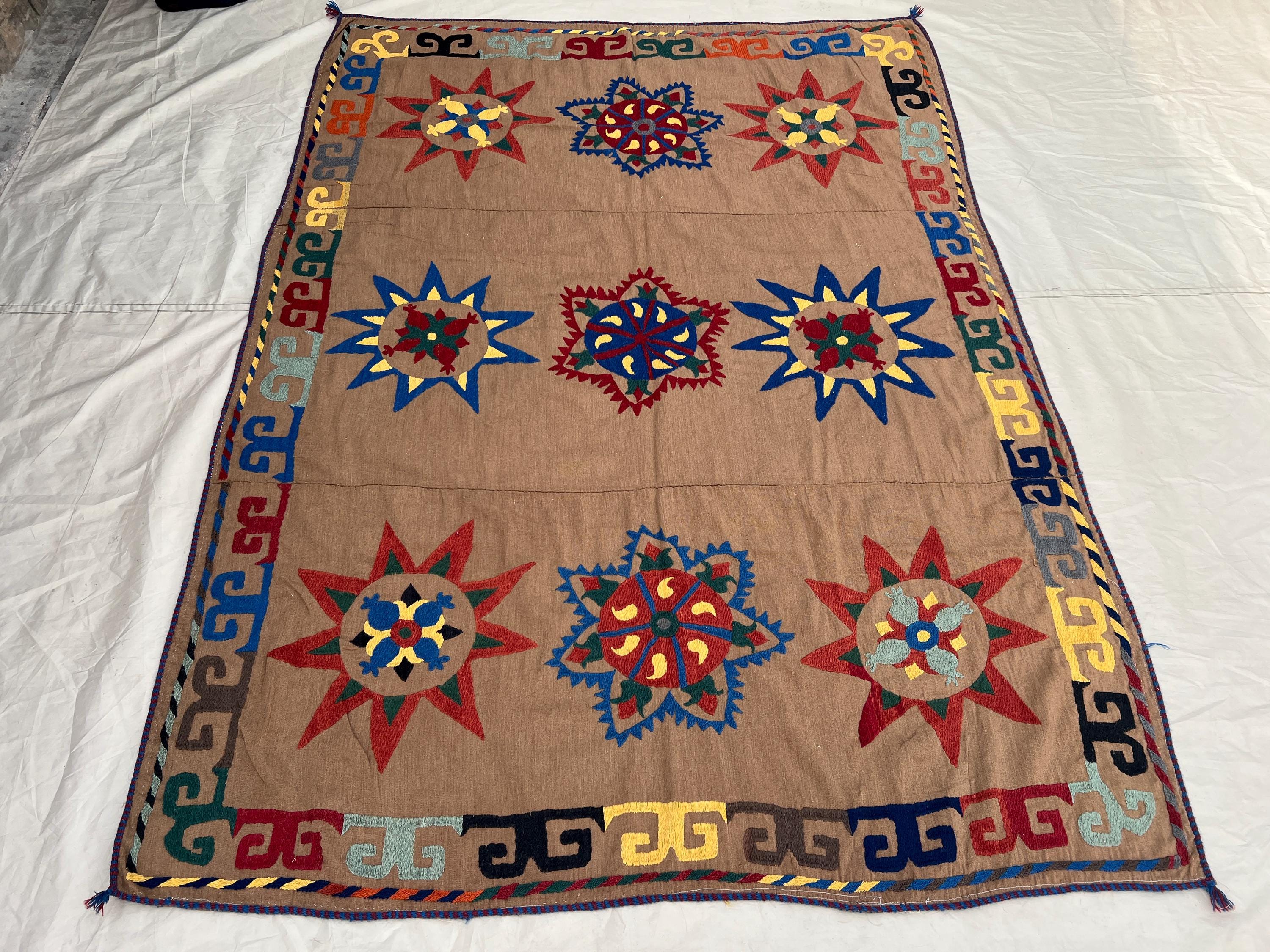 5'1x7'1 Ft Vintage Afghan Suzani Flatweave Textile Camel Brown Star Sun Medallion Handmade Wool | Living Room Wall Hanging Boho Decor