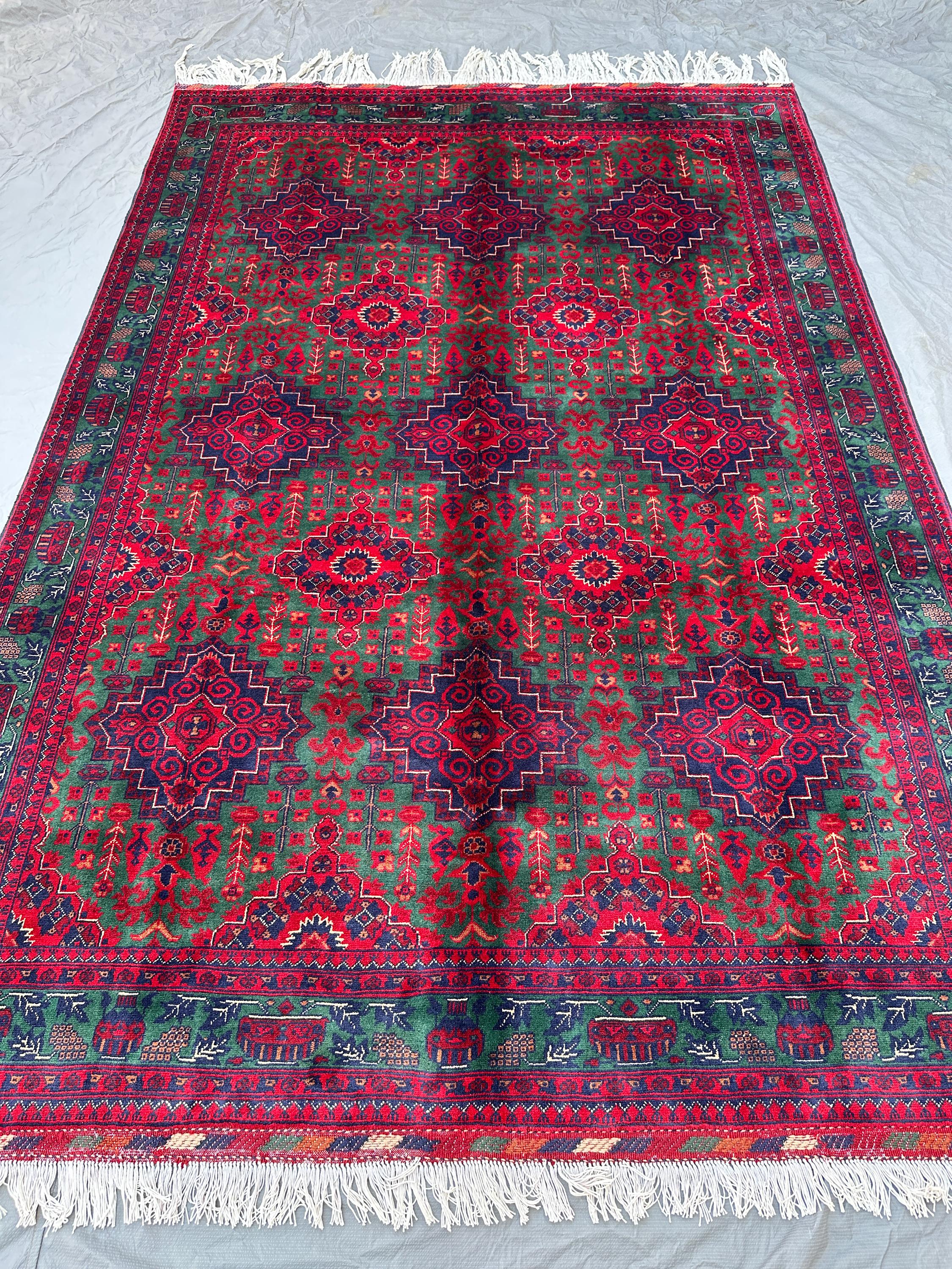7x10, Green Red Tribal Rug, Hand Knotted Wool Diamond Medallion Carpet Bold Wool Area Rug, Traditional Tribal