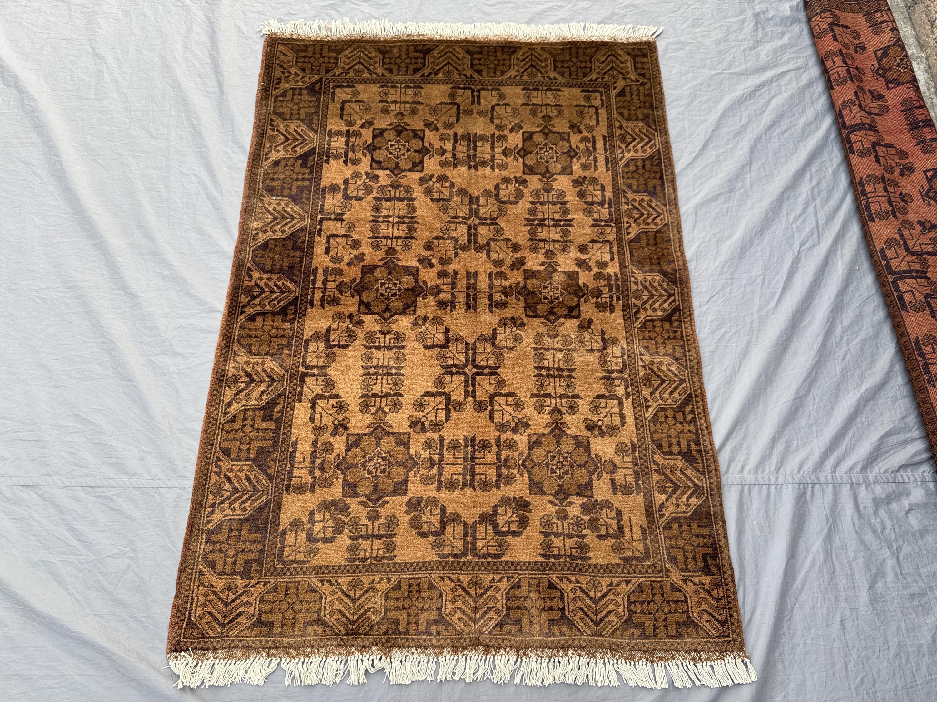 3 x 5 ft Afghan Hand Knotted Vintage Rare Soft Pile Terracotta Color Faded Turkoman Ersari Design Rug | Living room & Bedroom decor rug