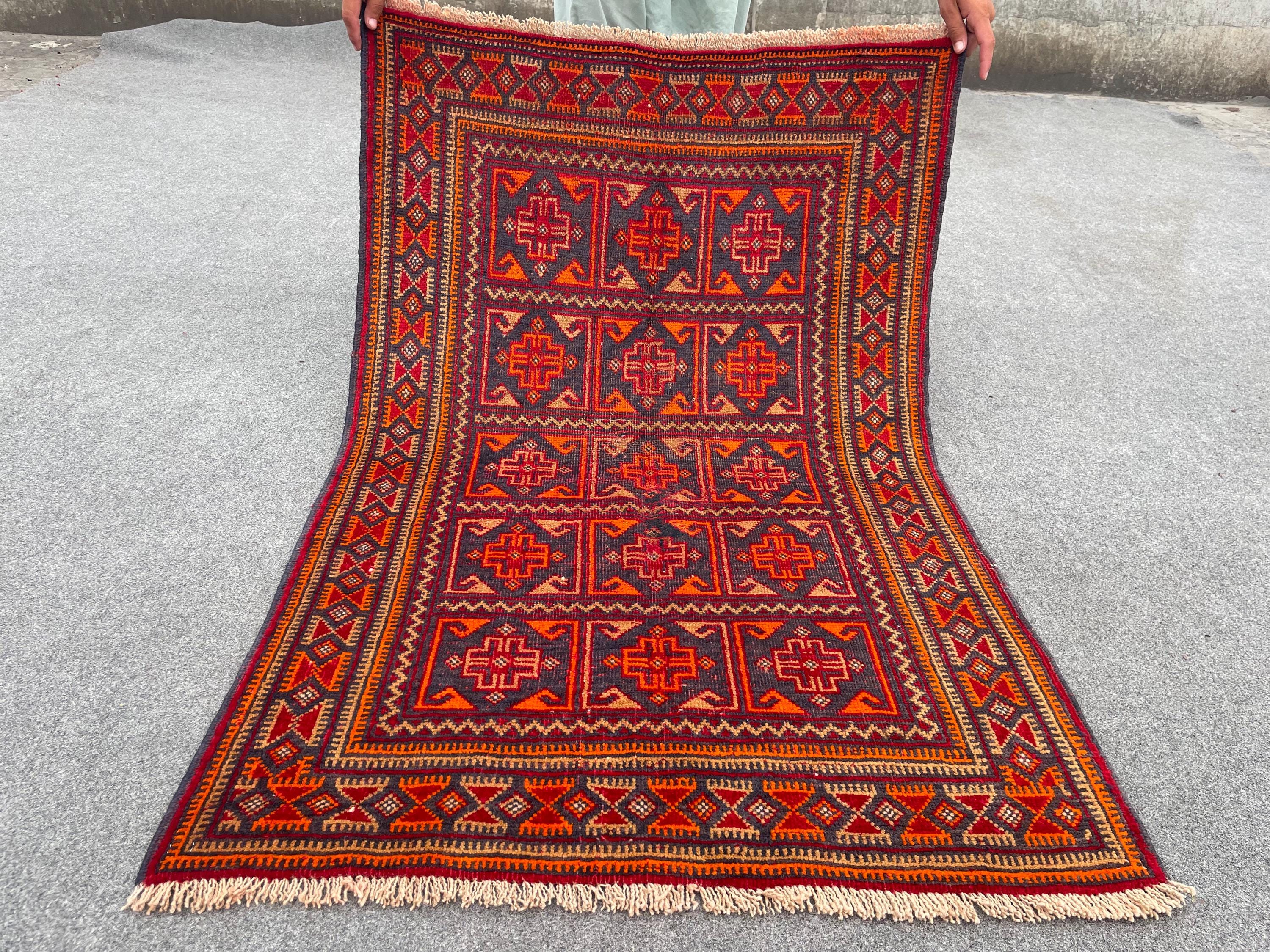 Vintage Afghan Baluch Rug | 2'9 x 4'4 ft | Hand-Knotted Wool Carpet | Tribal No Pile Distressed Small Area Rug