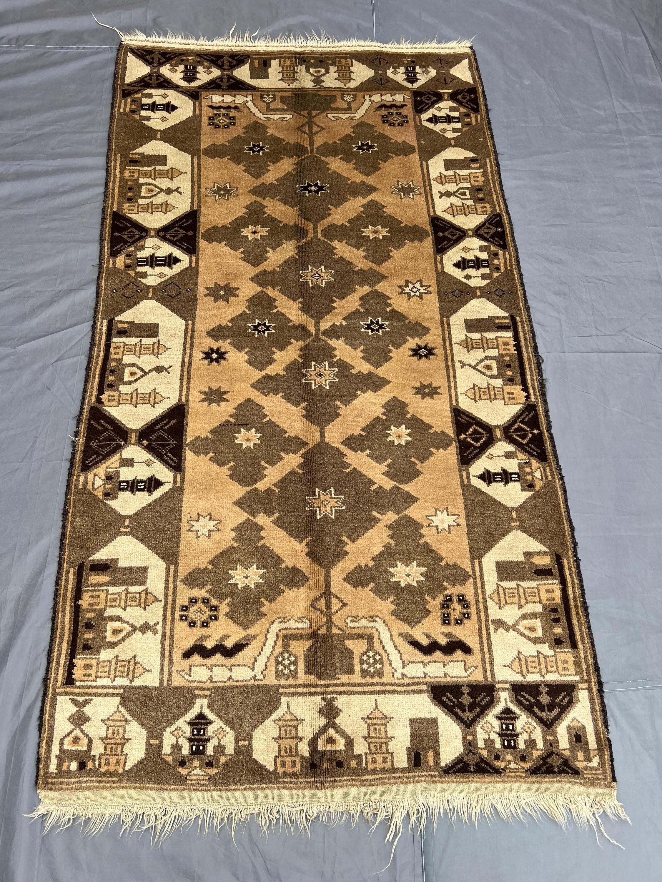 4x7 Authentic Beige Brown Afghan Tribal Rug Hand-Knotted Wool Carpet with Pictorial Village Design Rare Bohemian Oriental Home Decor